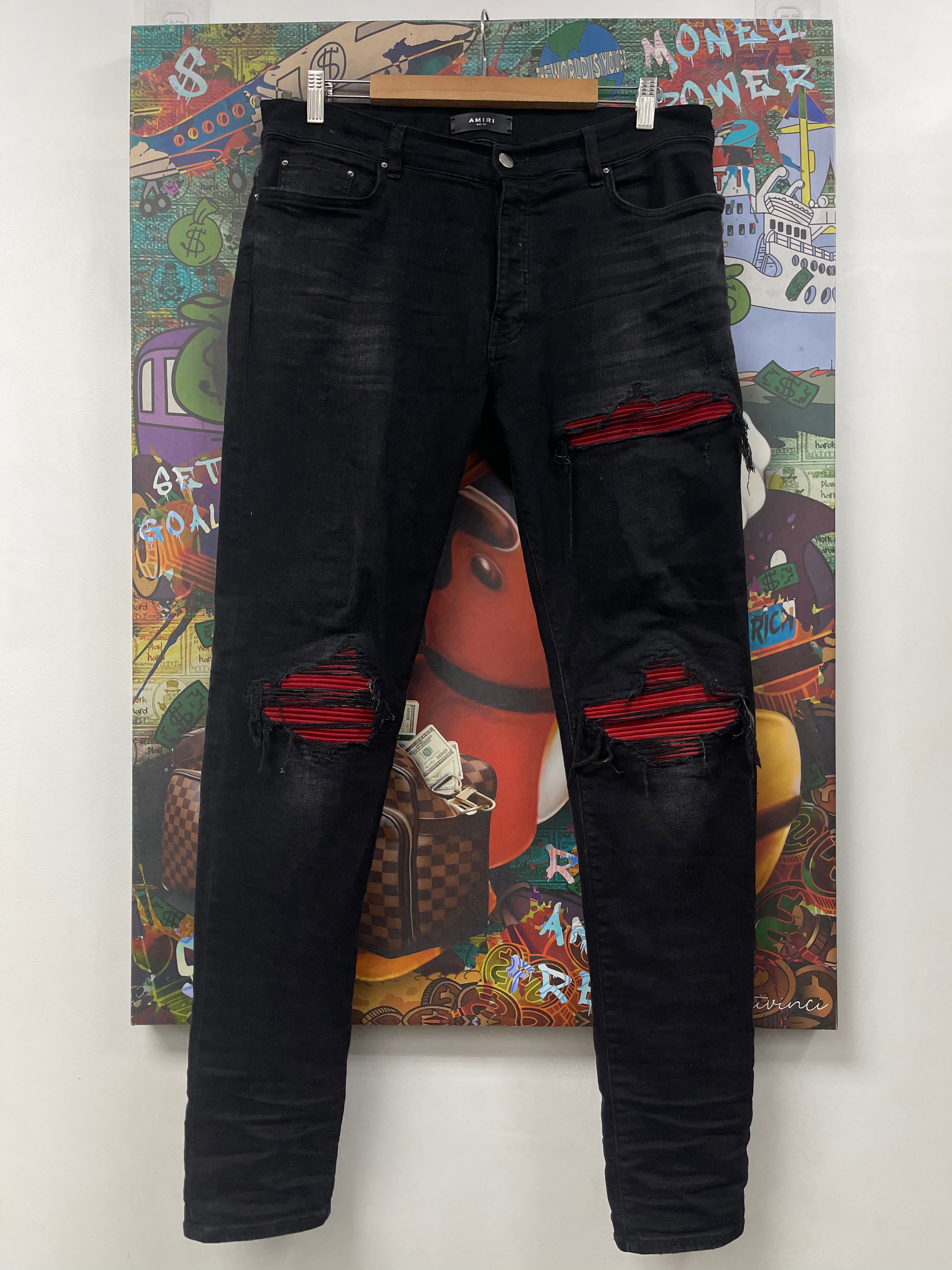 Amiri MX1 Black Red Suede Patch Jeans