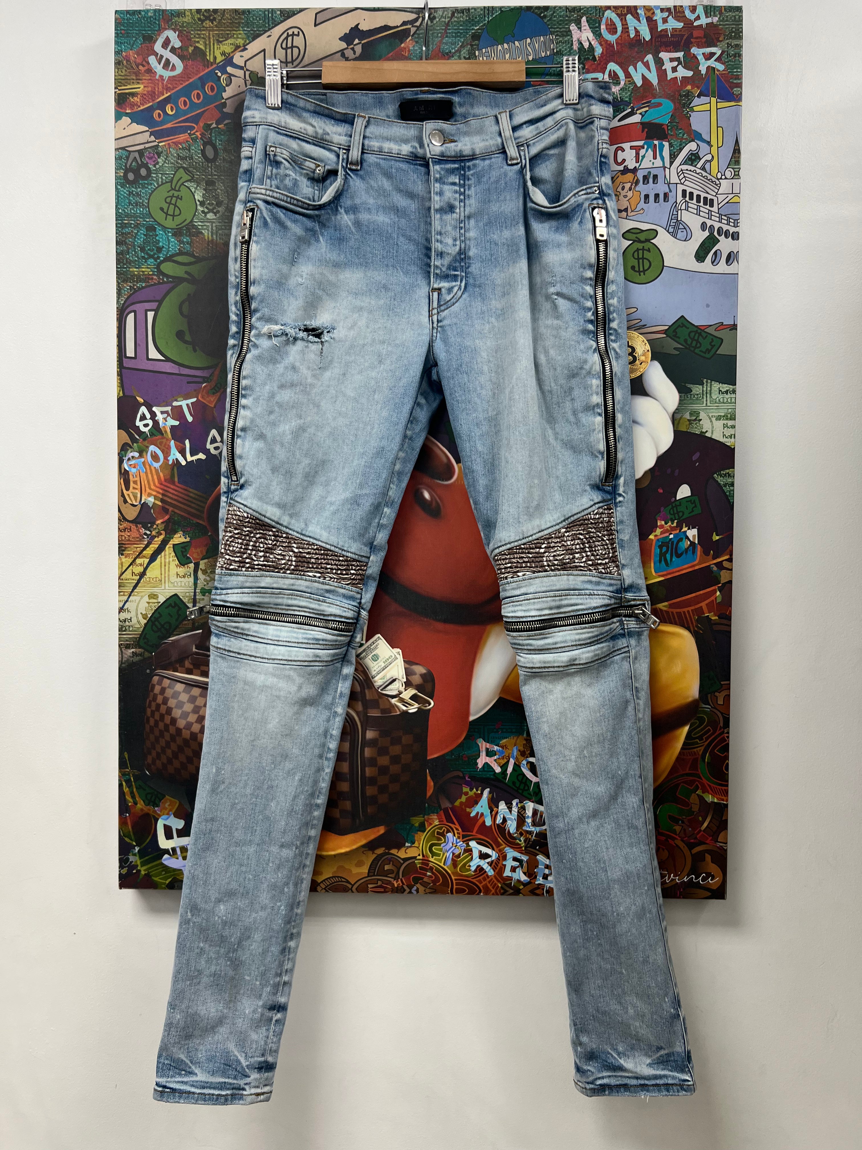 Amiri MX2 Light Wash Brown Paisley Patch Jeans