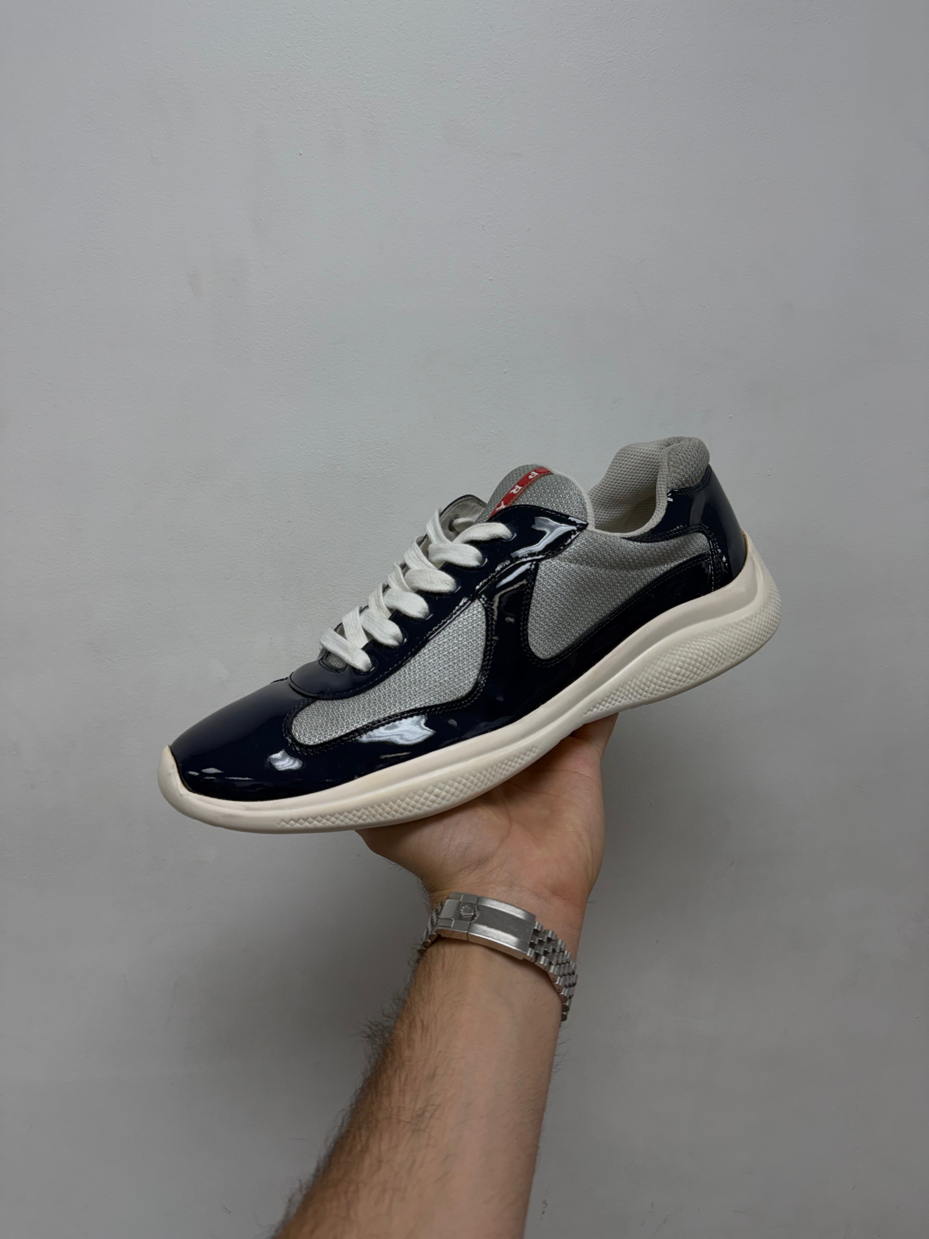Prada Navy White Patent Cup Sneakers
