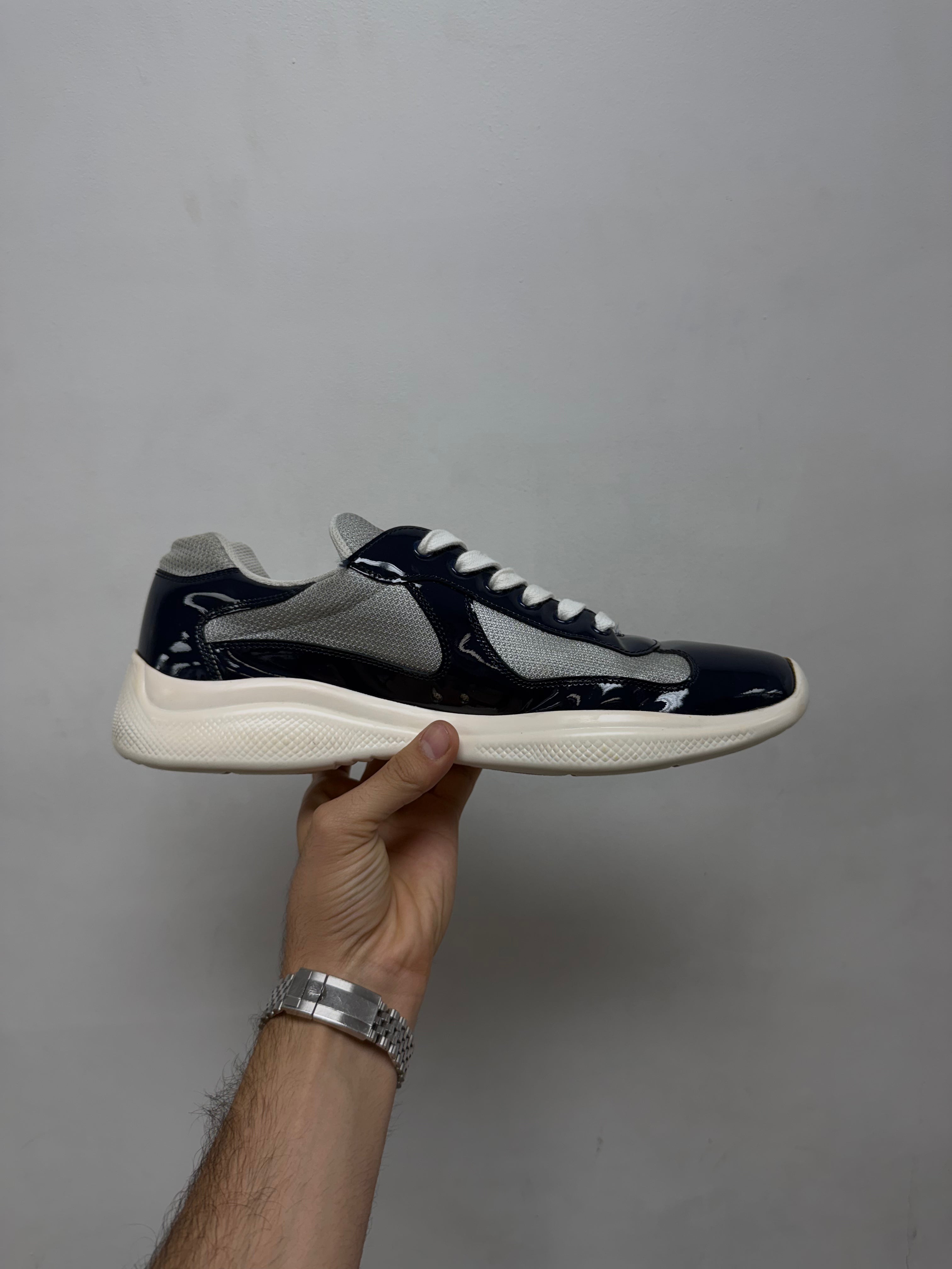 Prada Navy White Patent Cup Sneakers