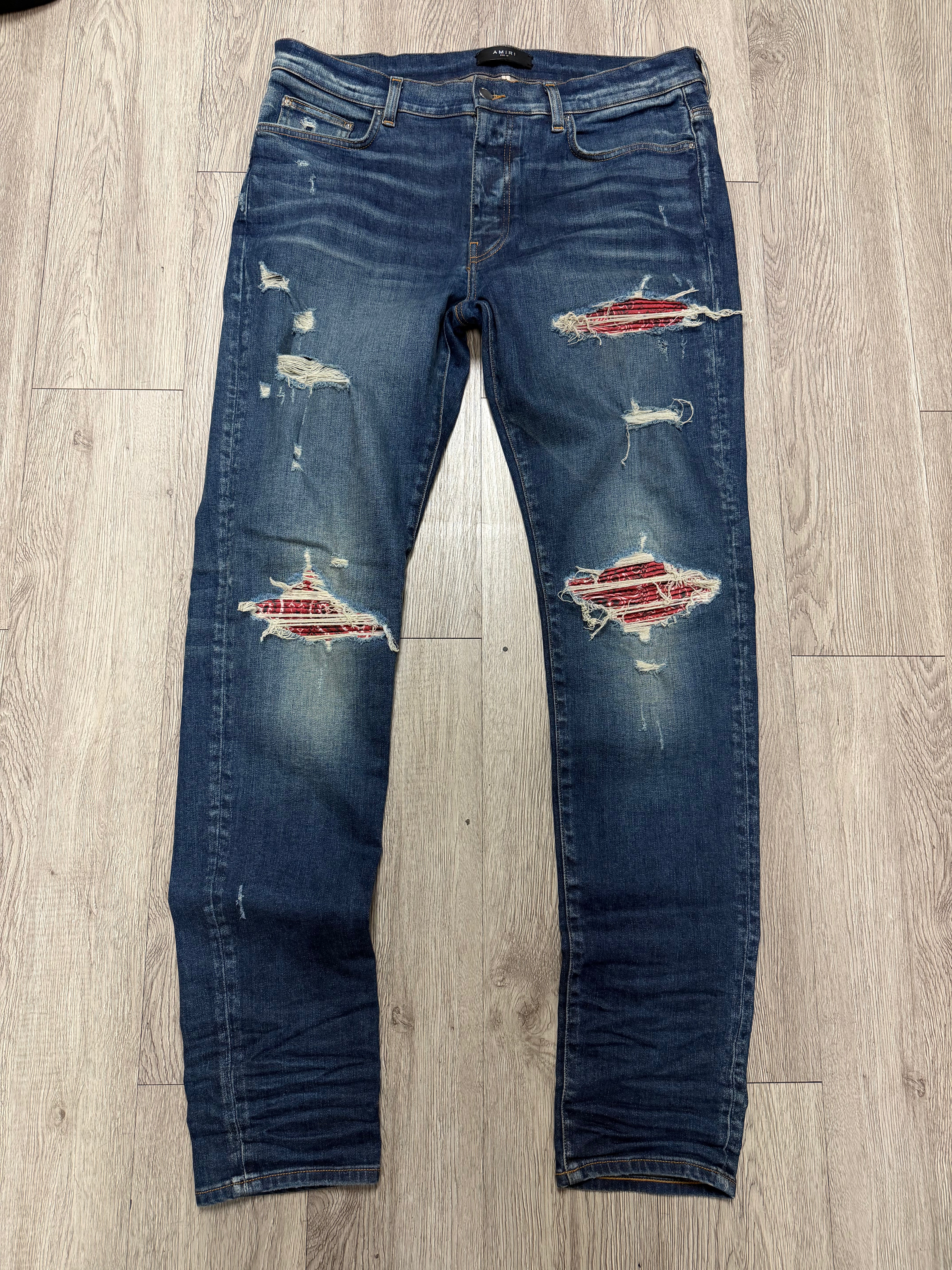 Amiri MX1 Navy Wash Red Paisley Patch Jeans