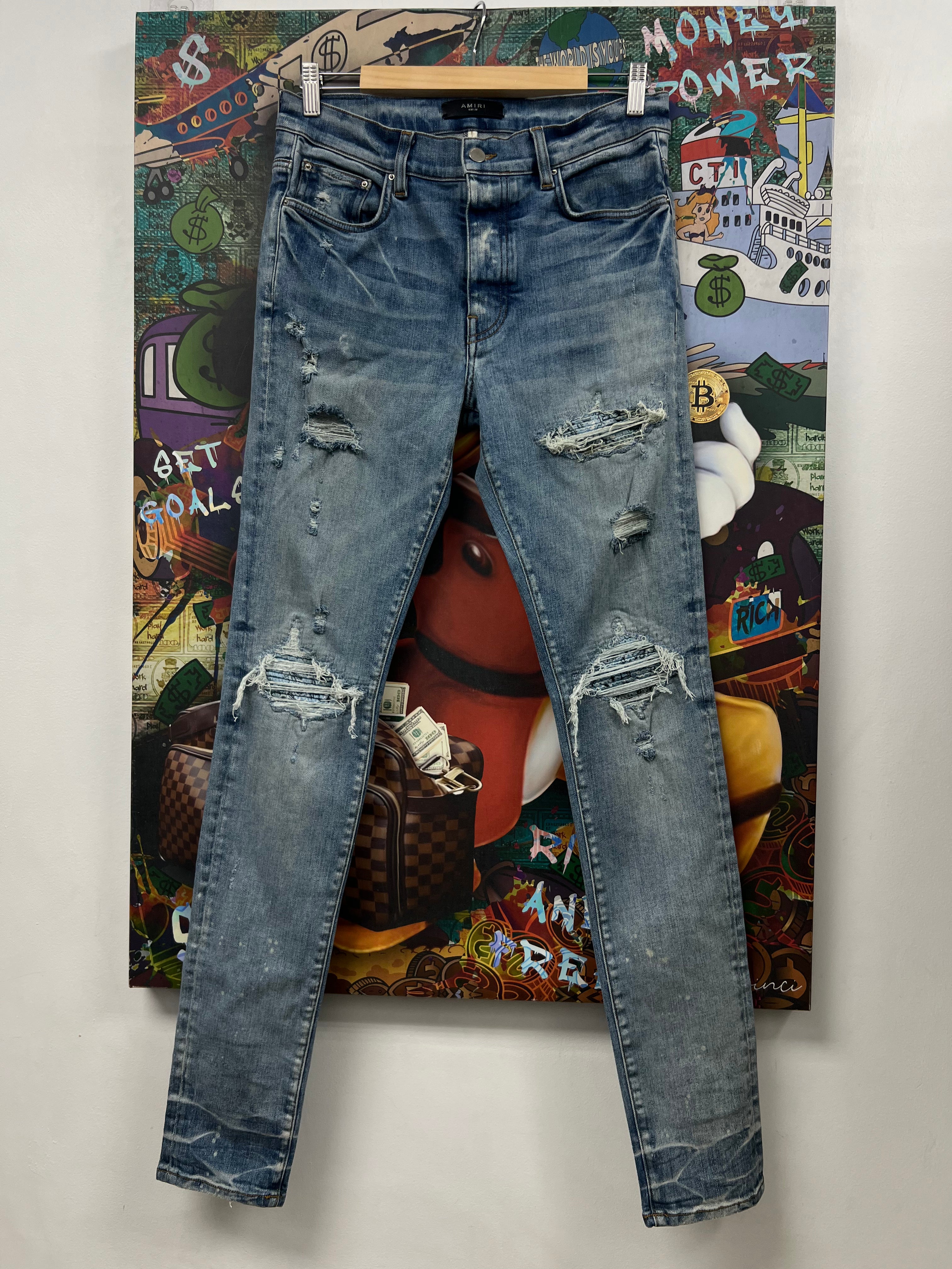 Amiri MX1 Light Wash Baby Blue Paisley Patch Jeans