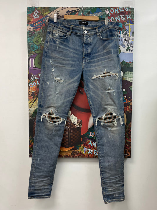 Amiri MX1 Light Wash Orange Plaid Grid Jeans