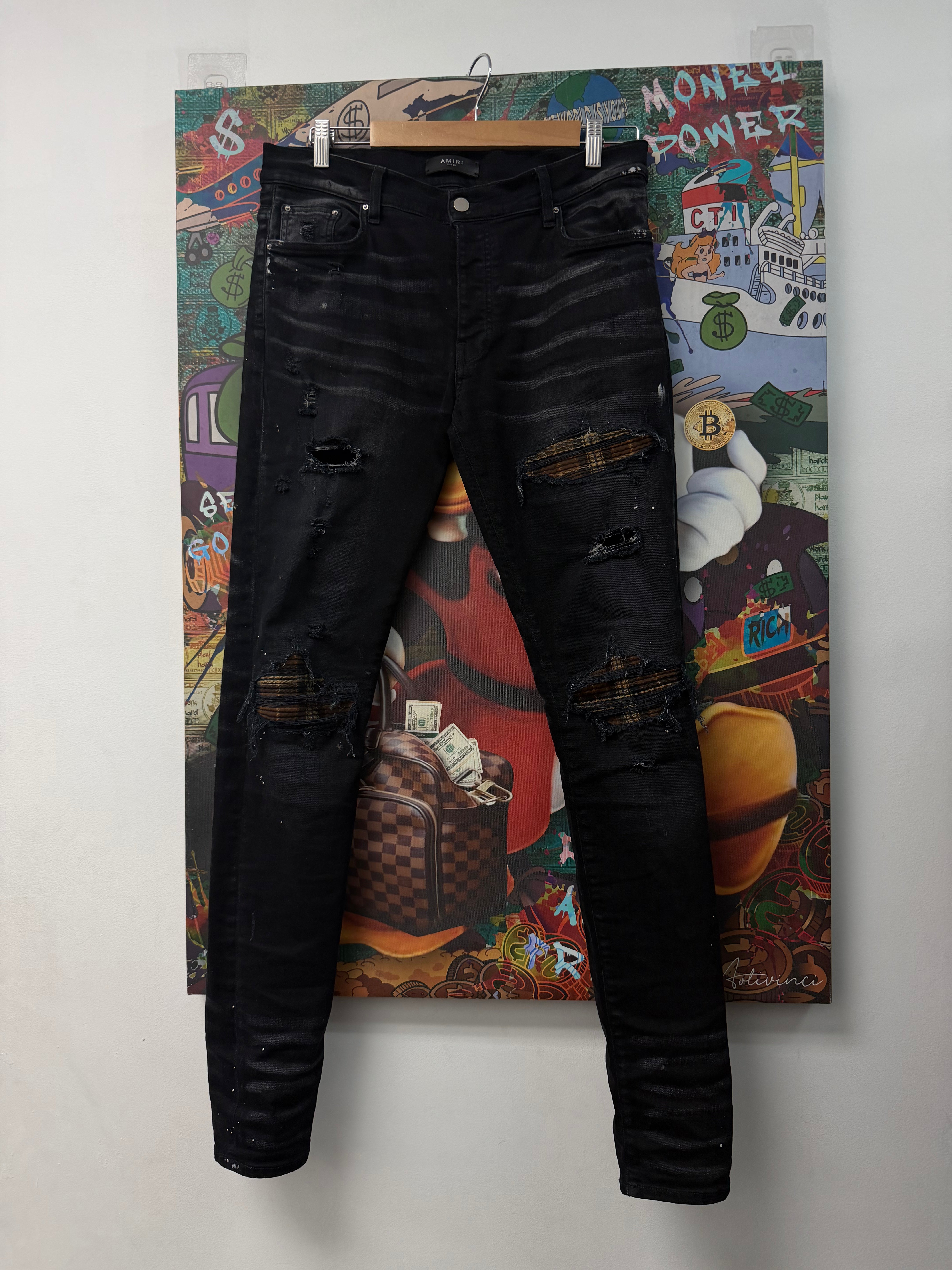 Amiri Black Wash Brown Plaid Patch MX1 Jeans