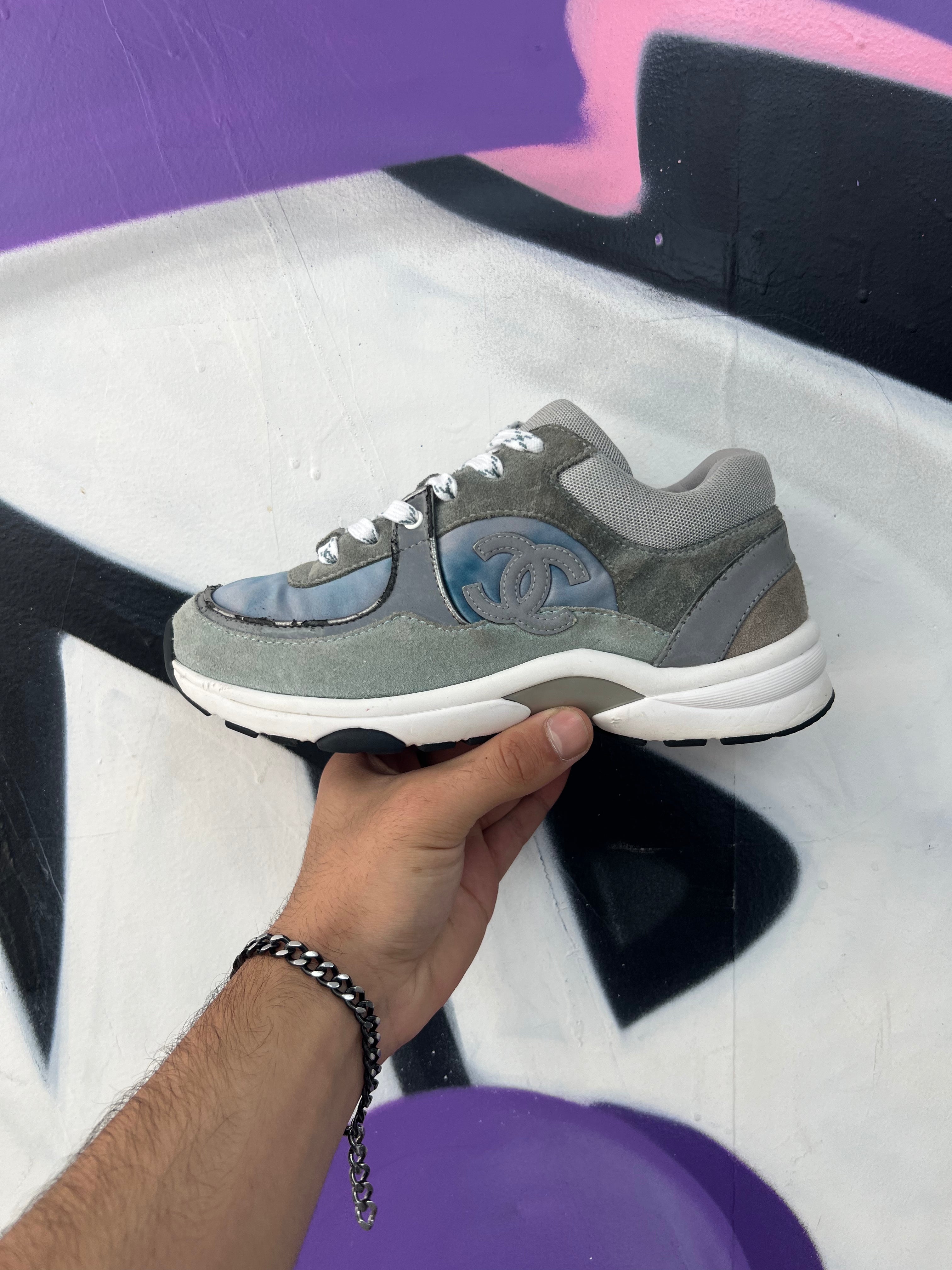 Chanel Blue Grey CC Logo Runner Sneakers