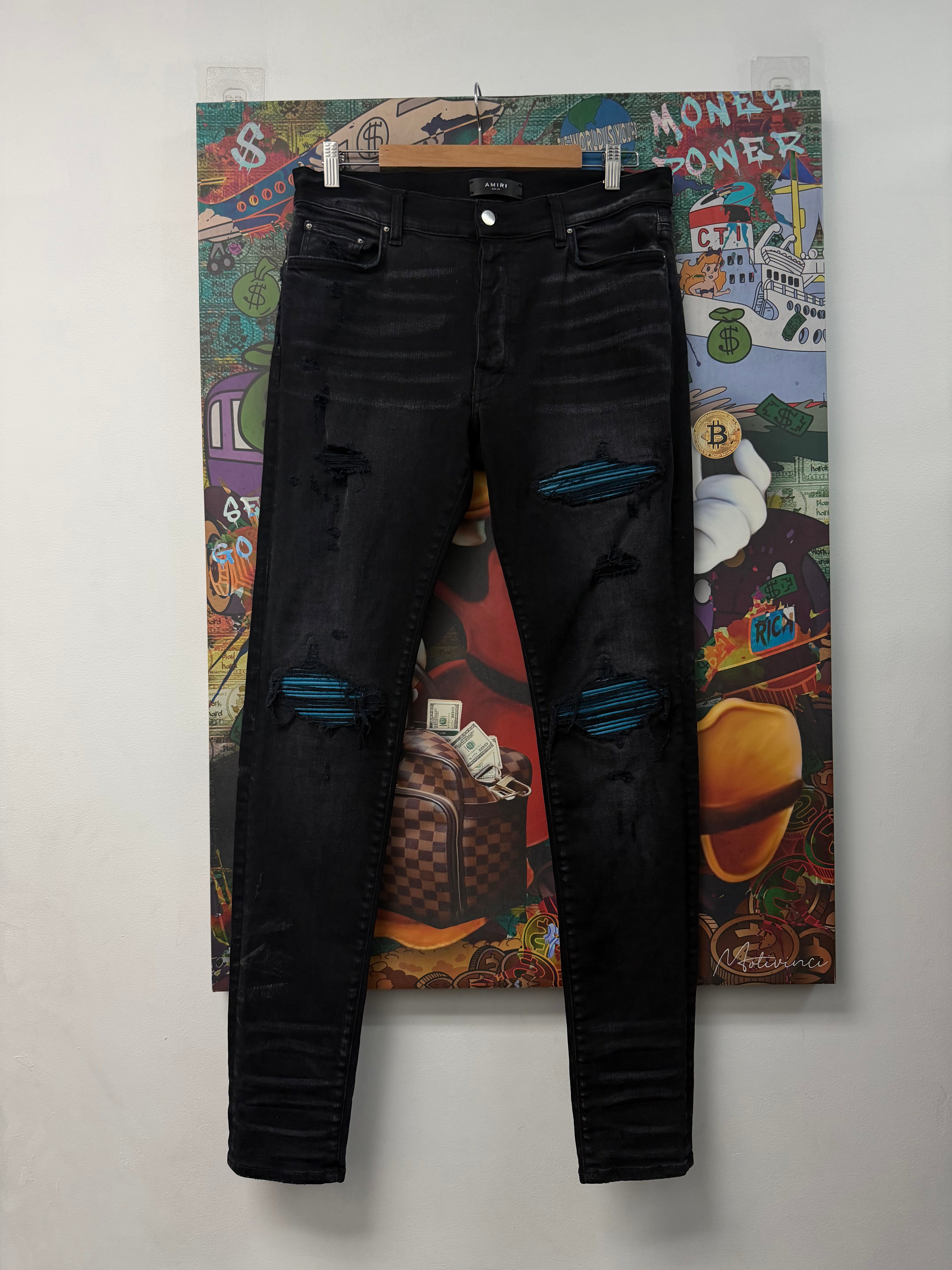 Amiri Black Wash Blue Crackle Patch MX1 Jeans