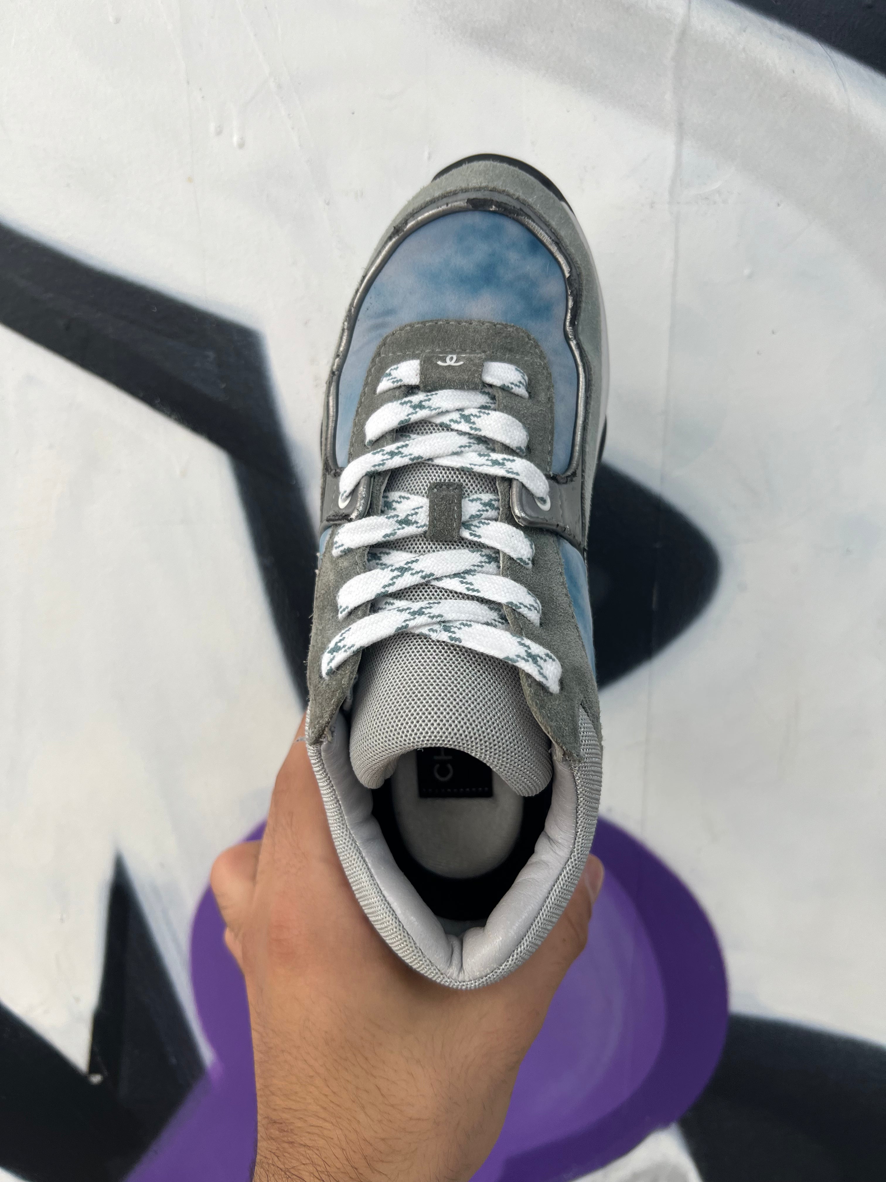 Chanel Blue Grey CC Logo Runner Sneakers