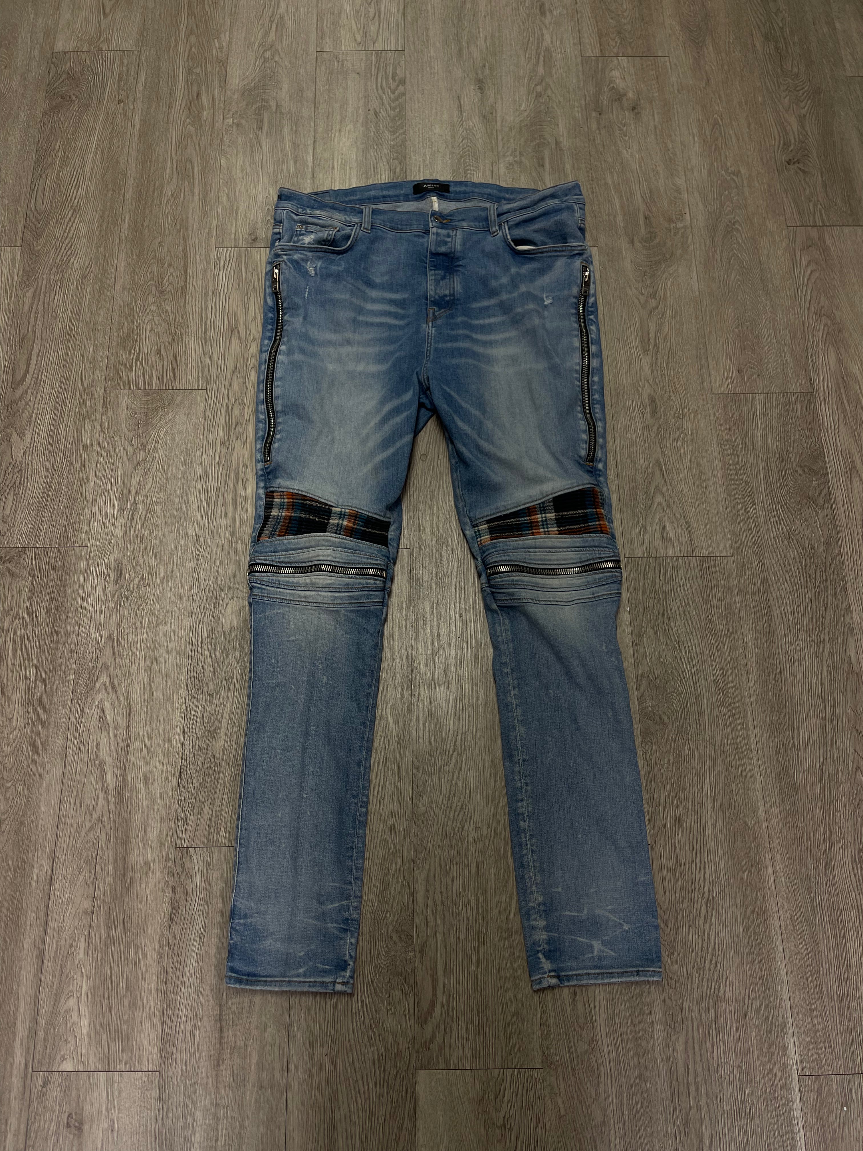 Amiri MX2 Light Wash Blue Orange Plaid Patch Jeans