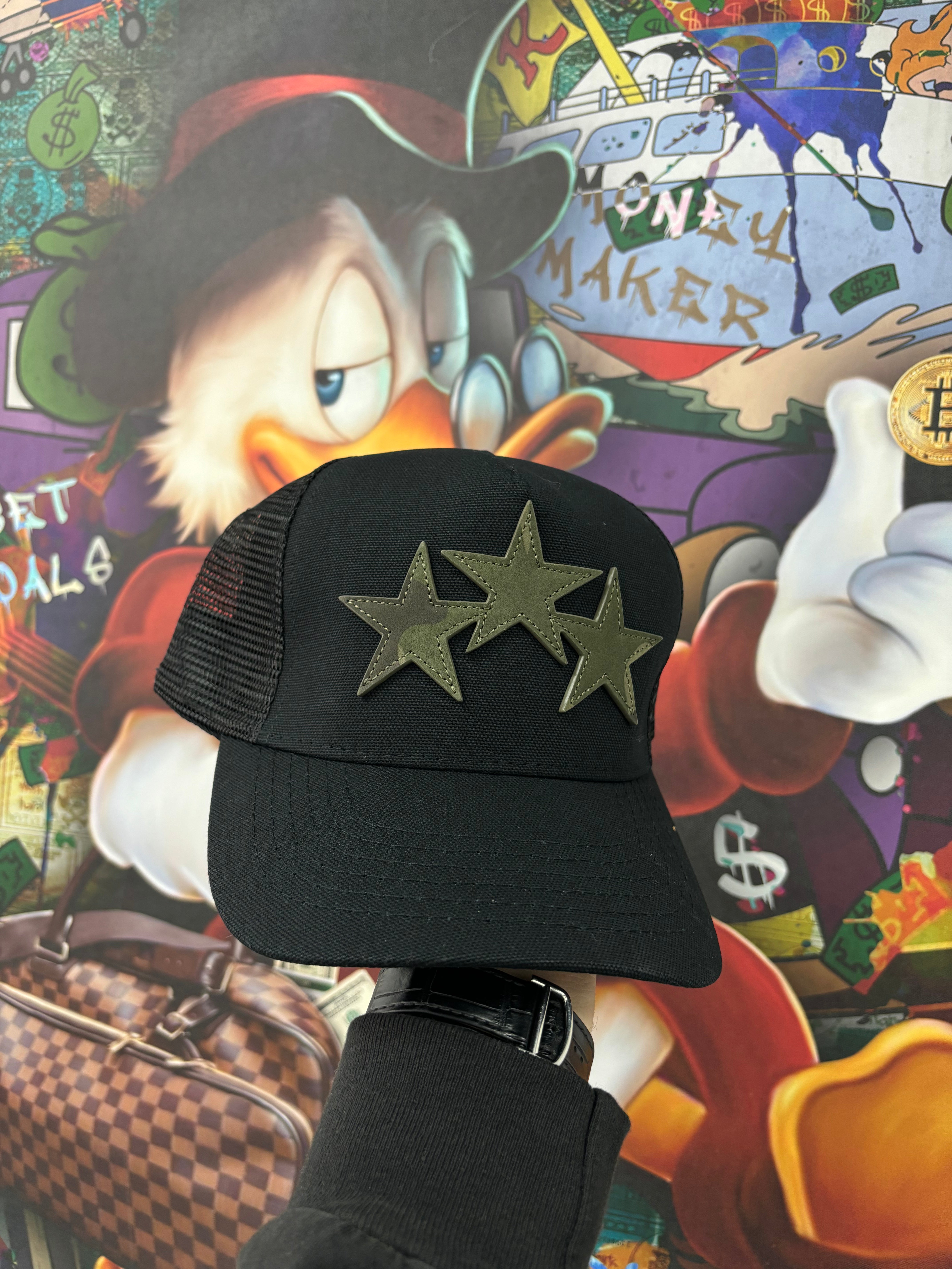 Amiri 3 Star Trucker Hat Black Camo