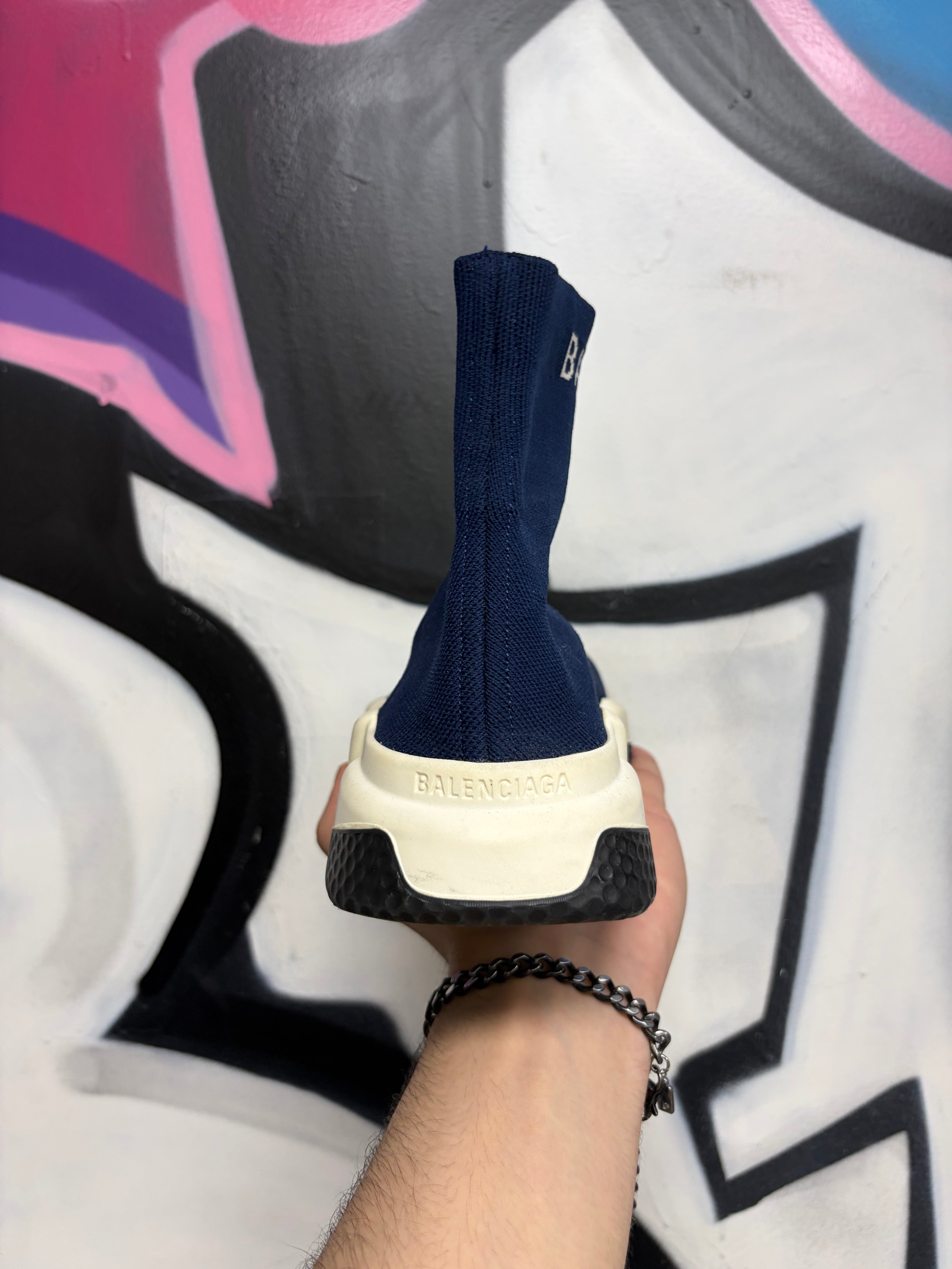 Balenciaga Navy White Sock Runner Sneakers
