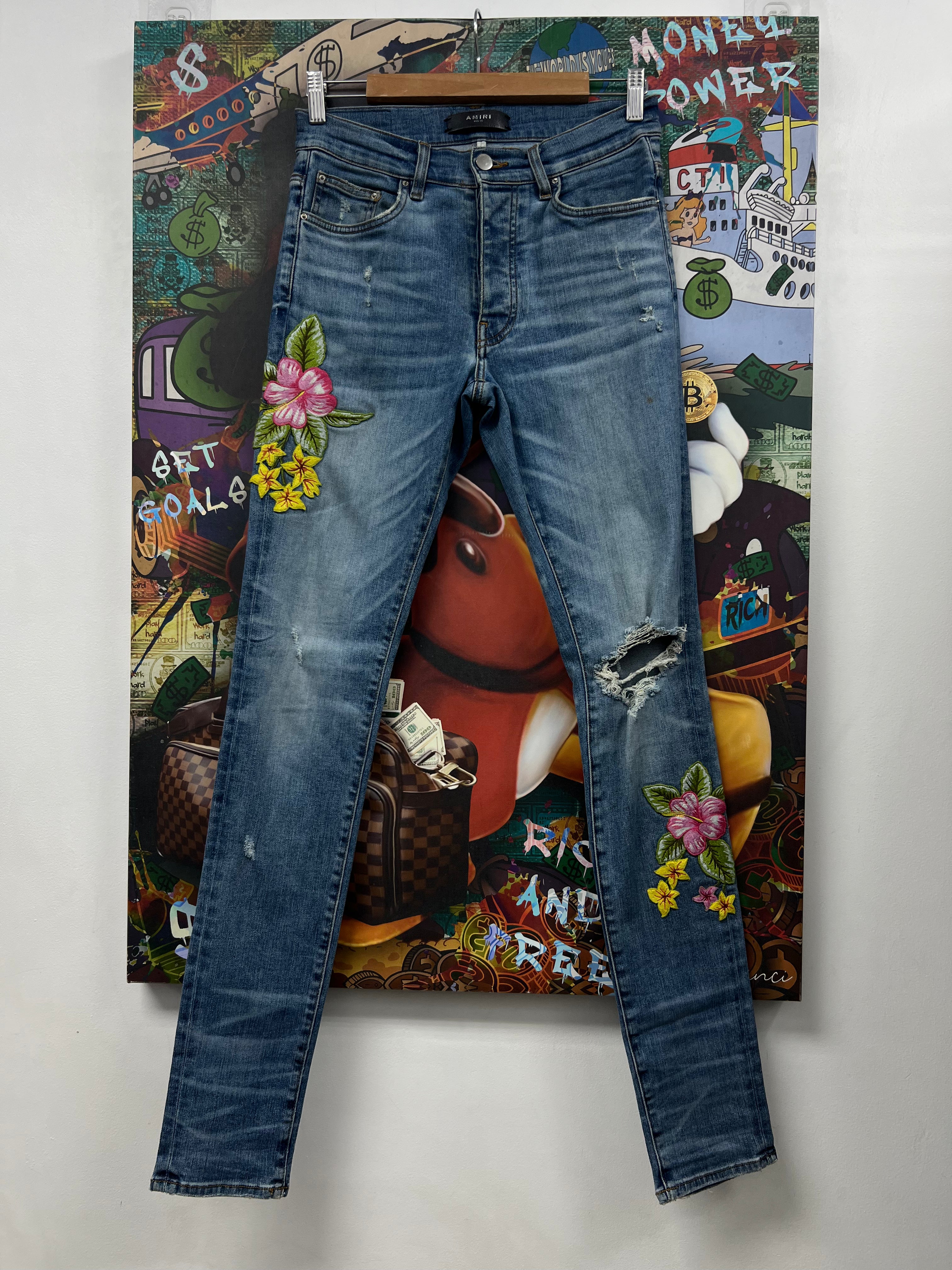 Amiri Light Wash Floral Patchwork Jeans