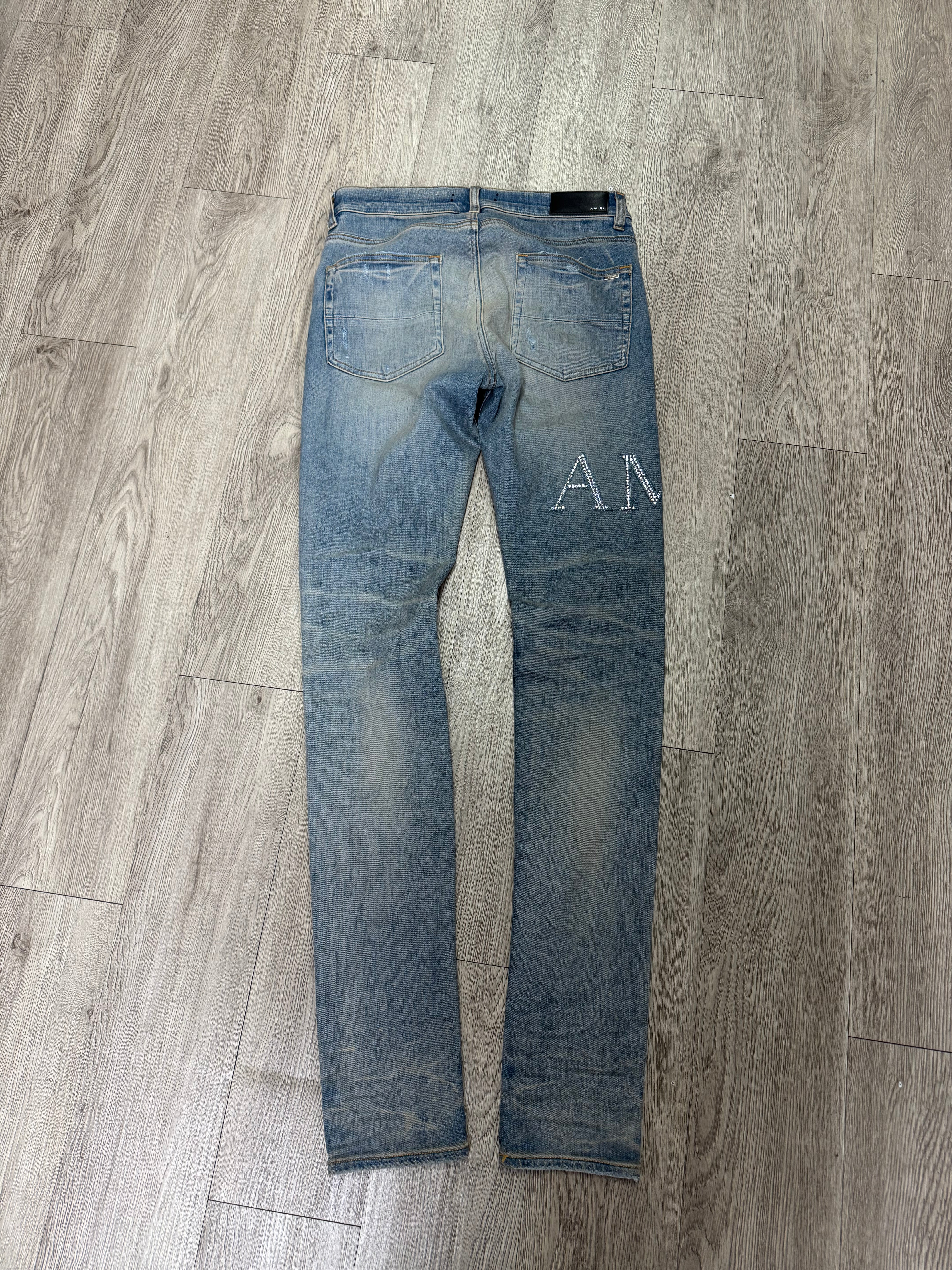 Amiri Light Wash Crystal Side Logo Jeans