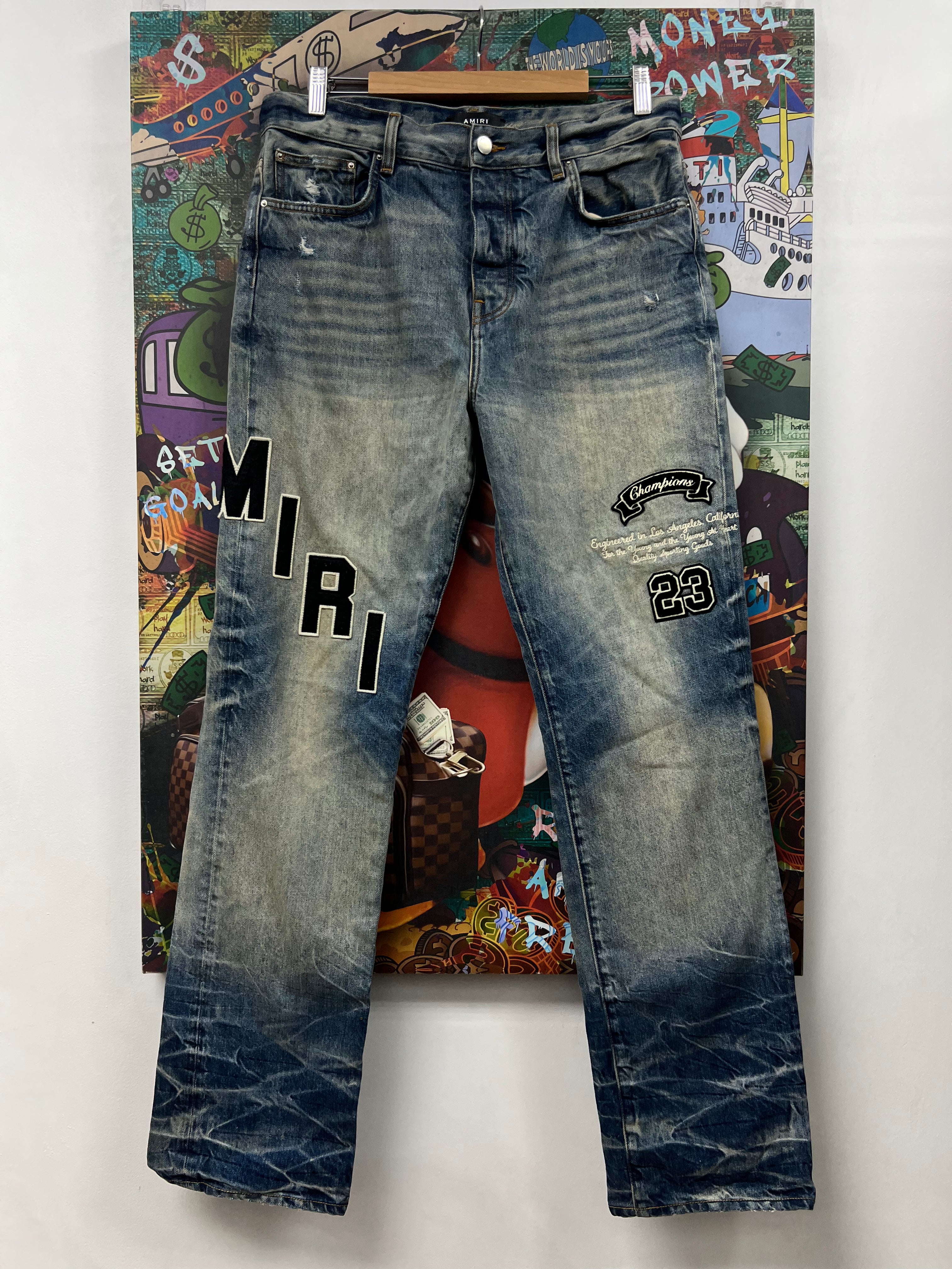 Amiri Vintage Wash Straight Leg Varsity Patch Jeans