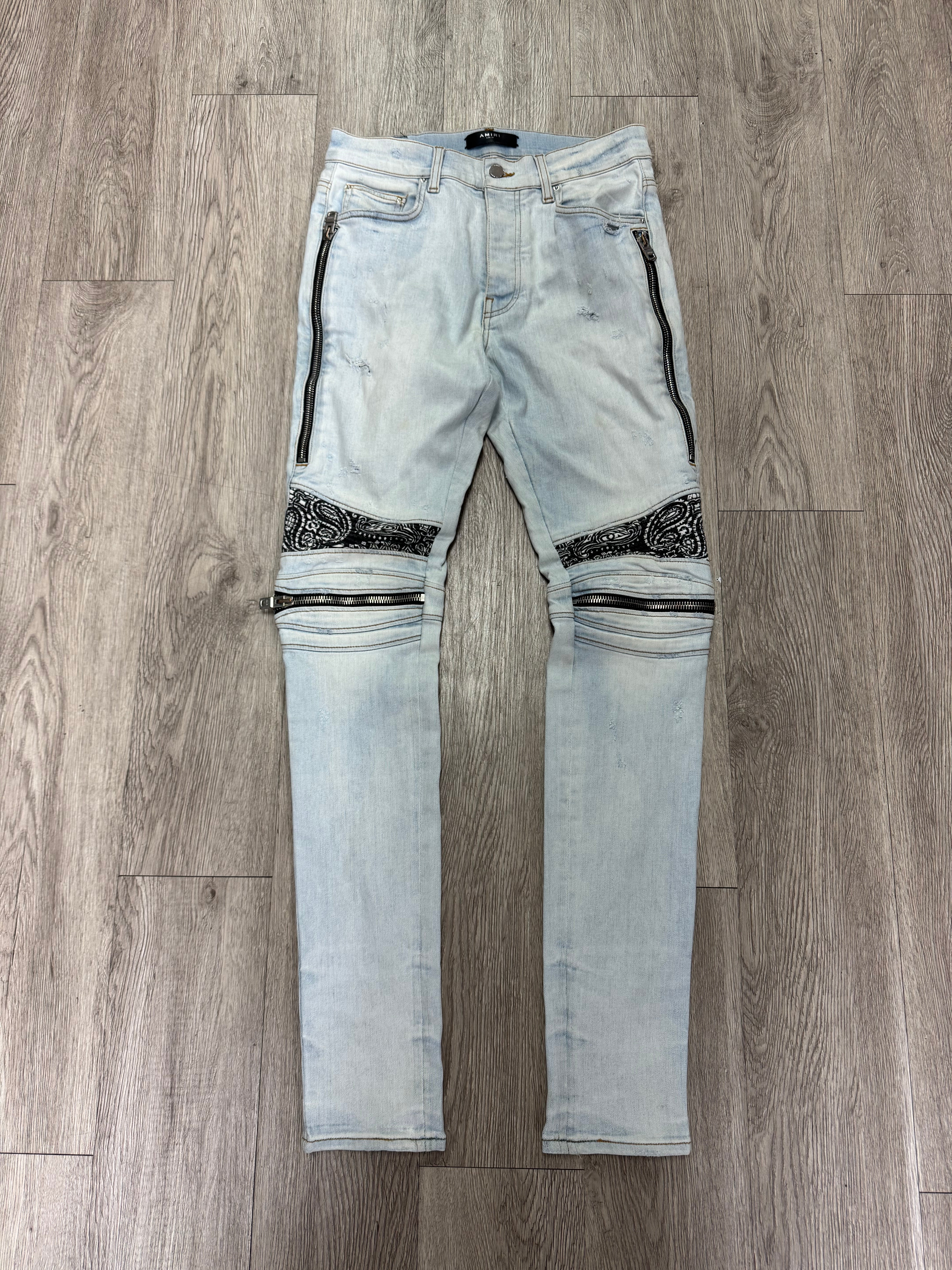 Amiri MX2 Light Wash Paisley Patch Jeans