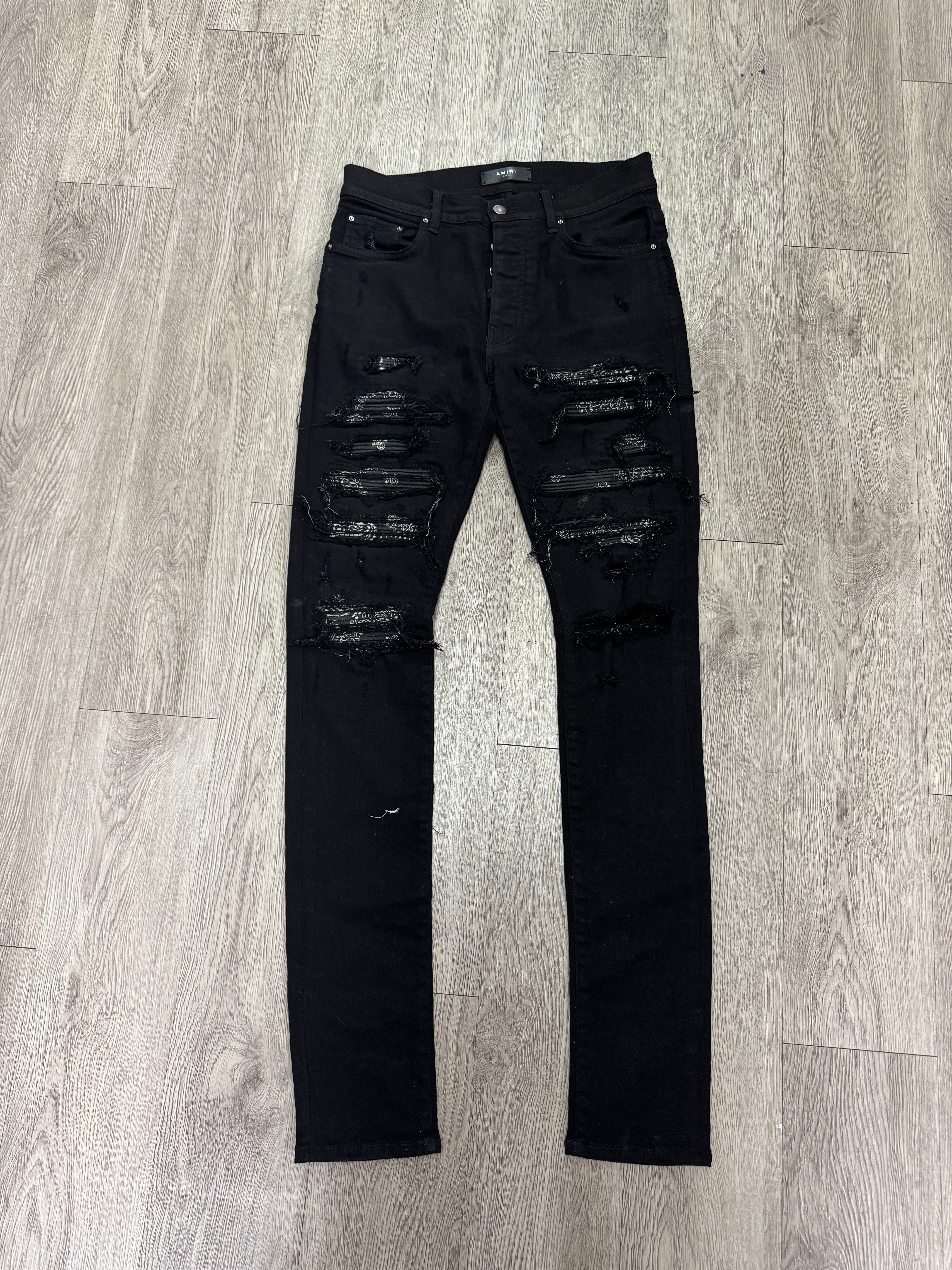 Amiri Black Paisley Thrasher Patch Jeans
