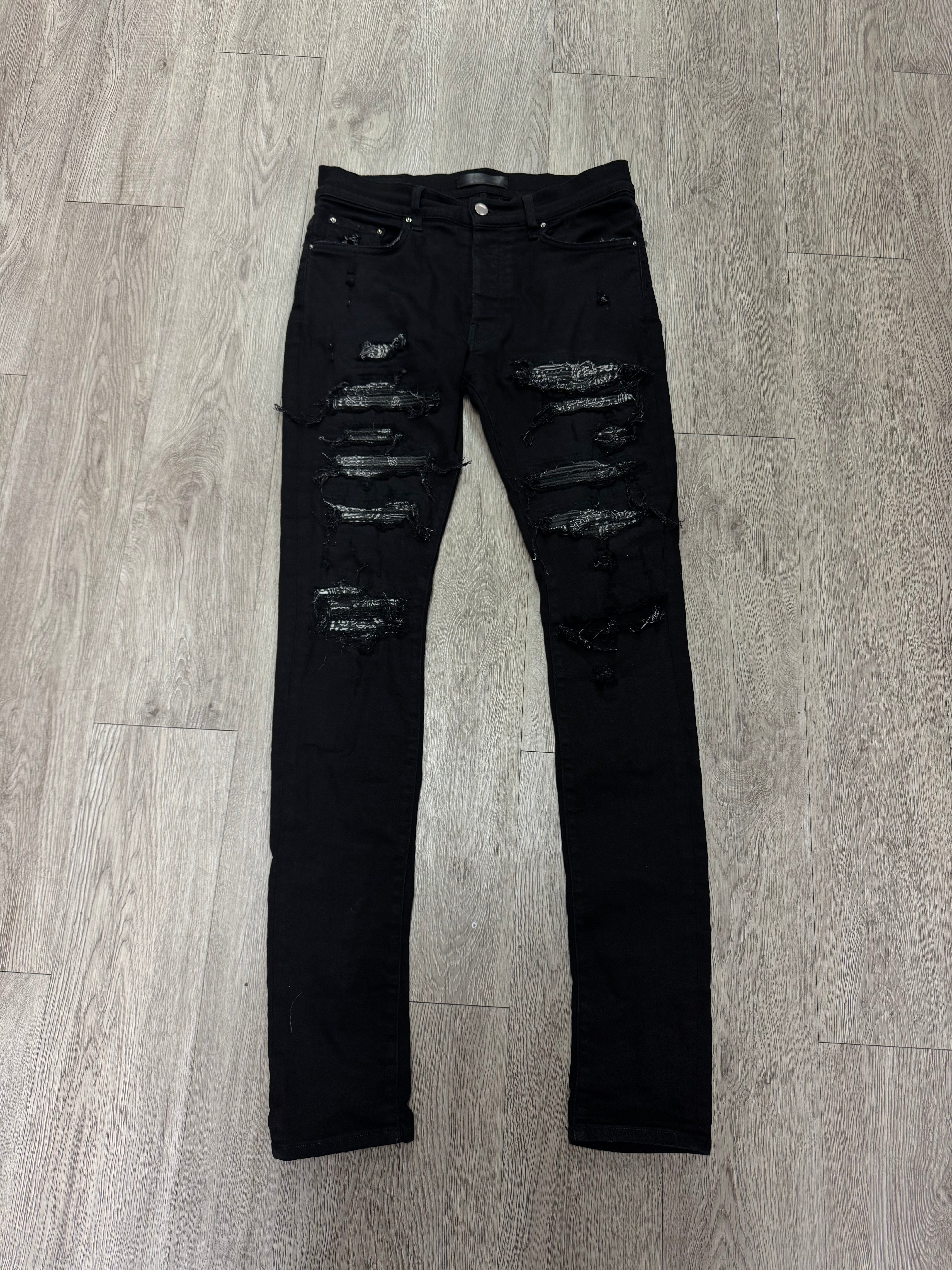 Amiri Black Wash Black Paisley Thrasher Patch Jeans