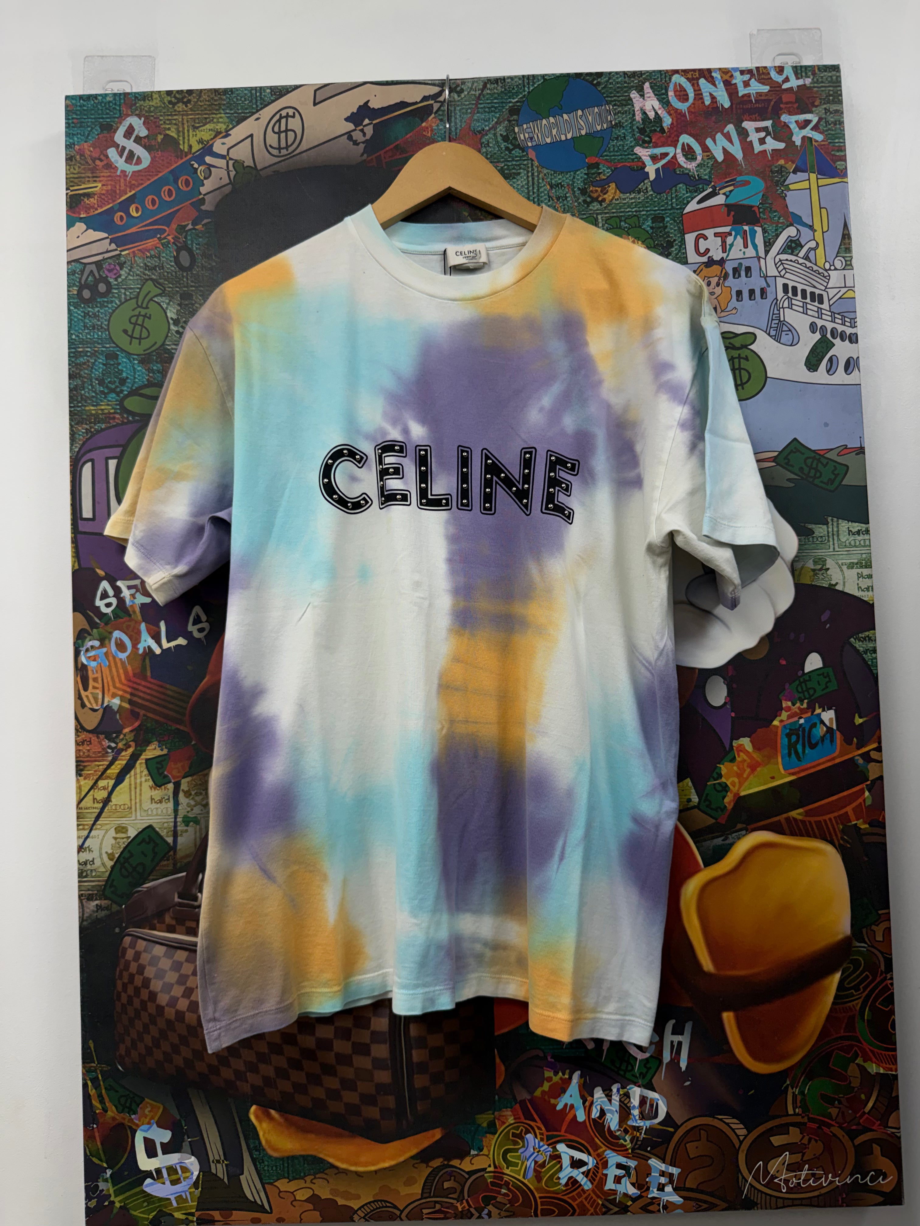 Celine Studded Chest Logo Tie Dye Tee