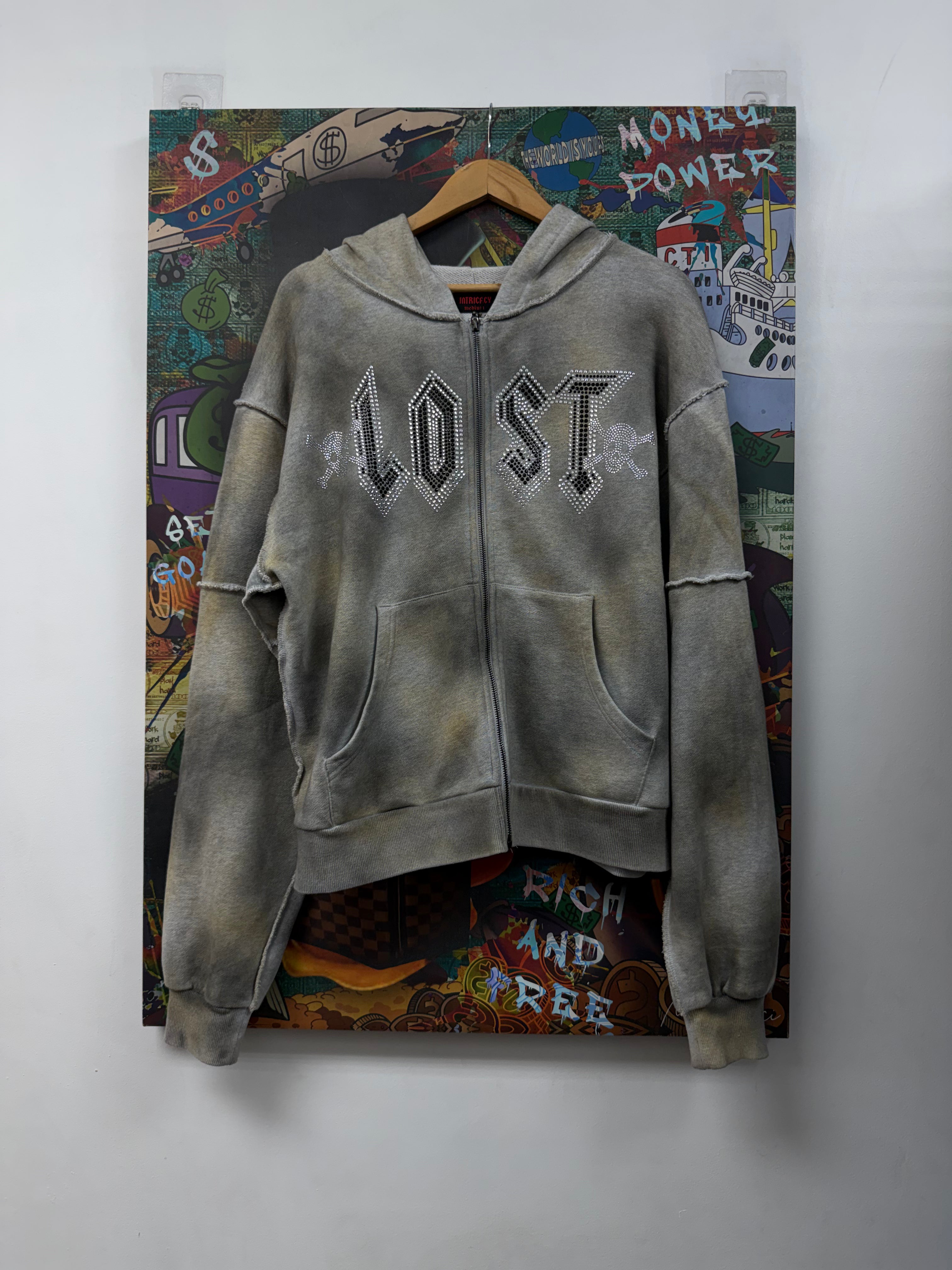 Lost Intricacy Grey Wash Skulls Rhinestone Zip Up
