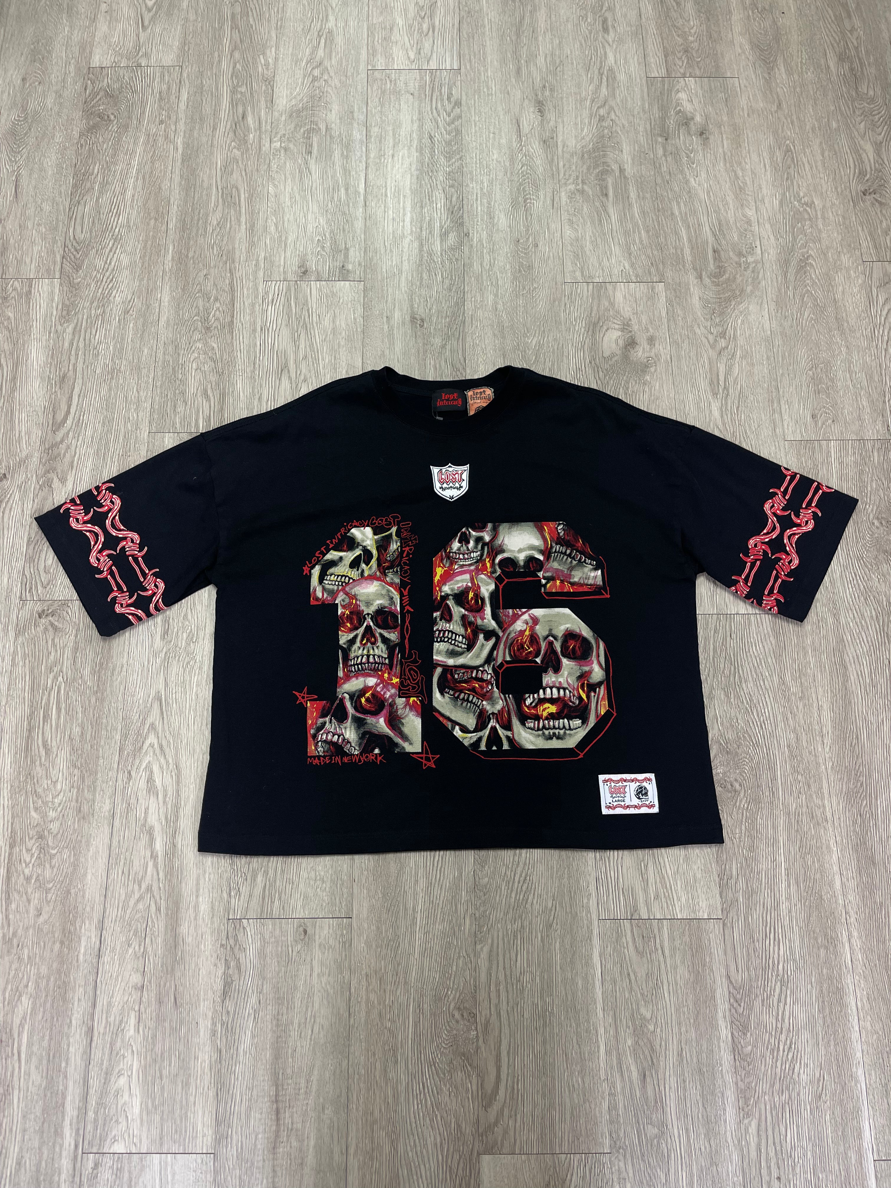 Lost Intricacy Black Red 16 Football Tee