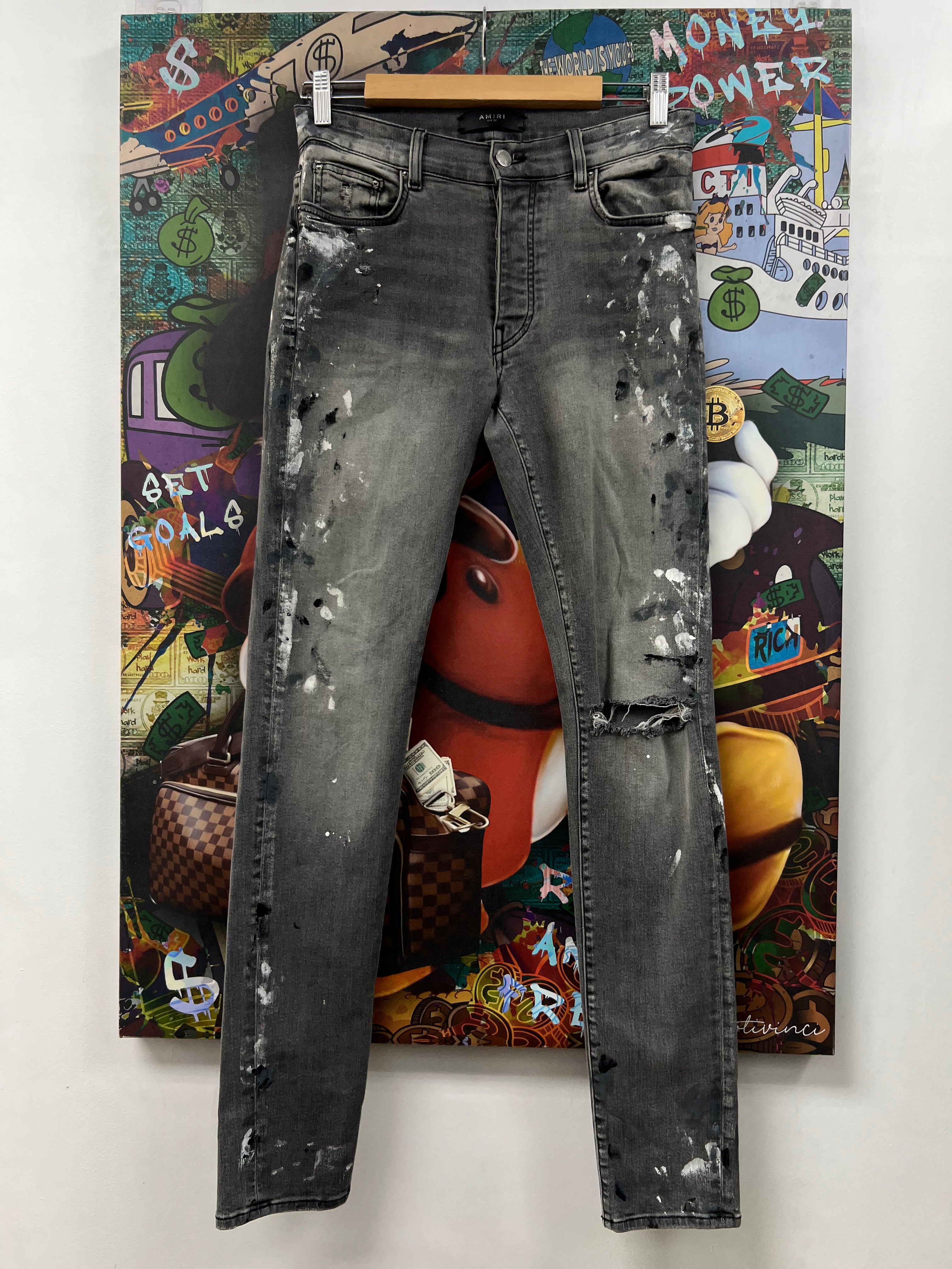 Amiri Grey Paint Splatter Thrasher Jeans