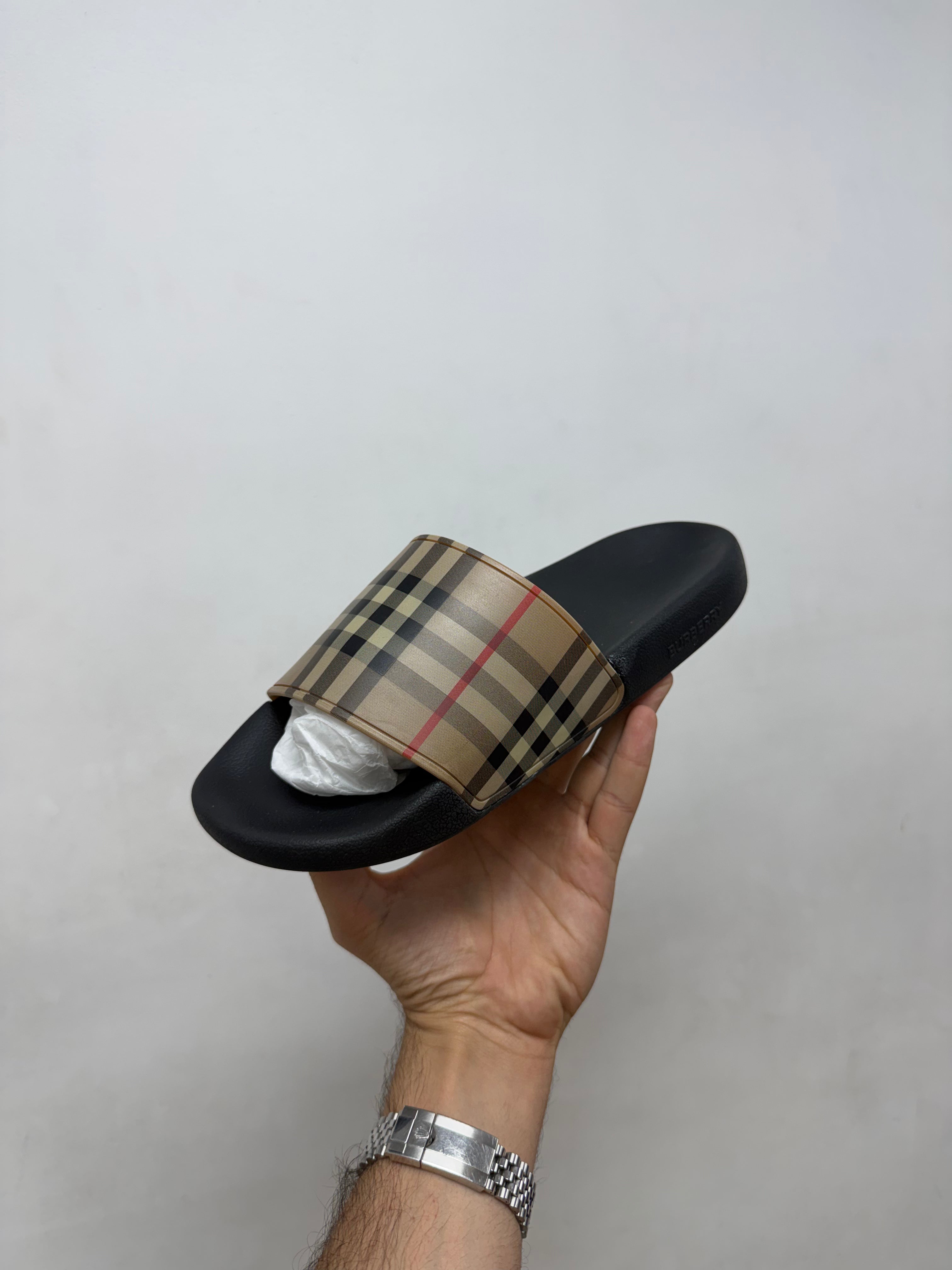 Burberry Plaid Monogram Slides