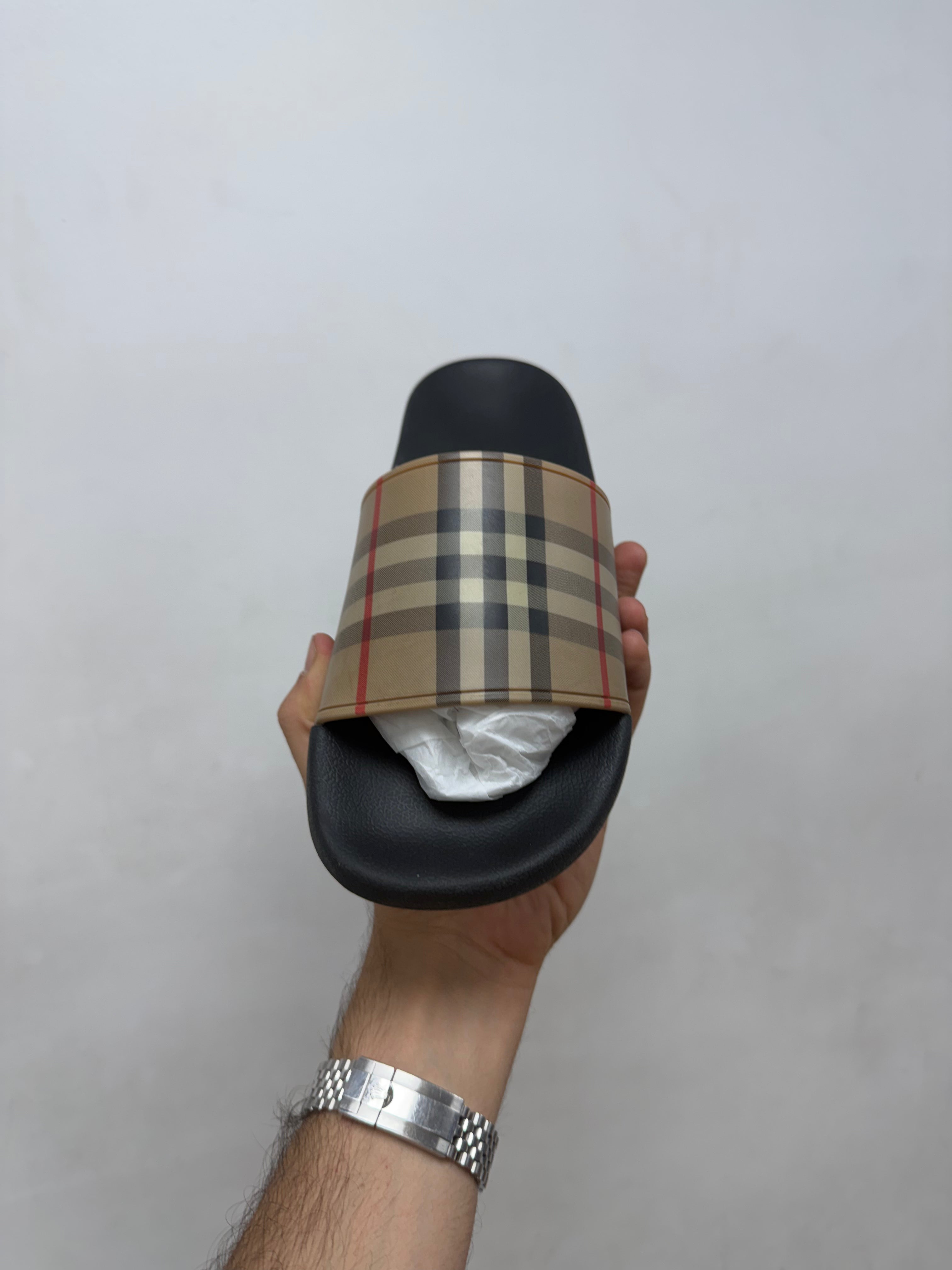 Burberry Plaid Monogram Slides