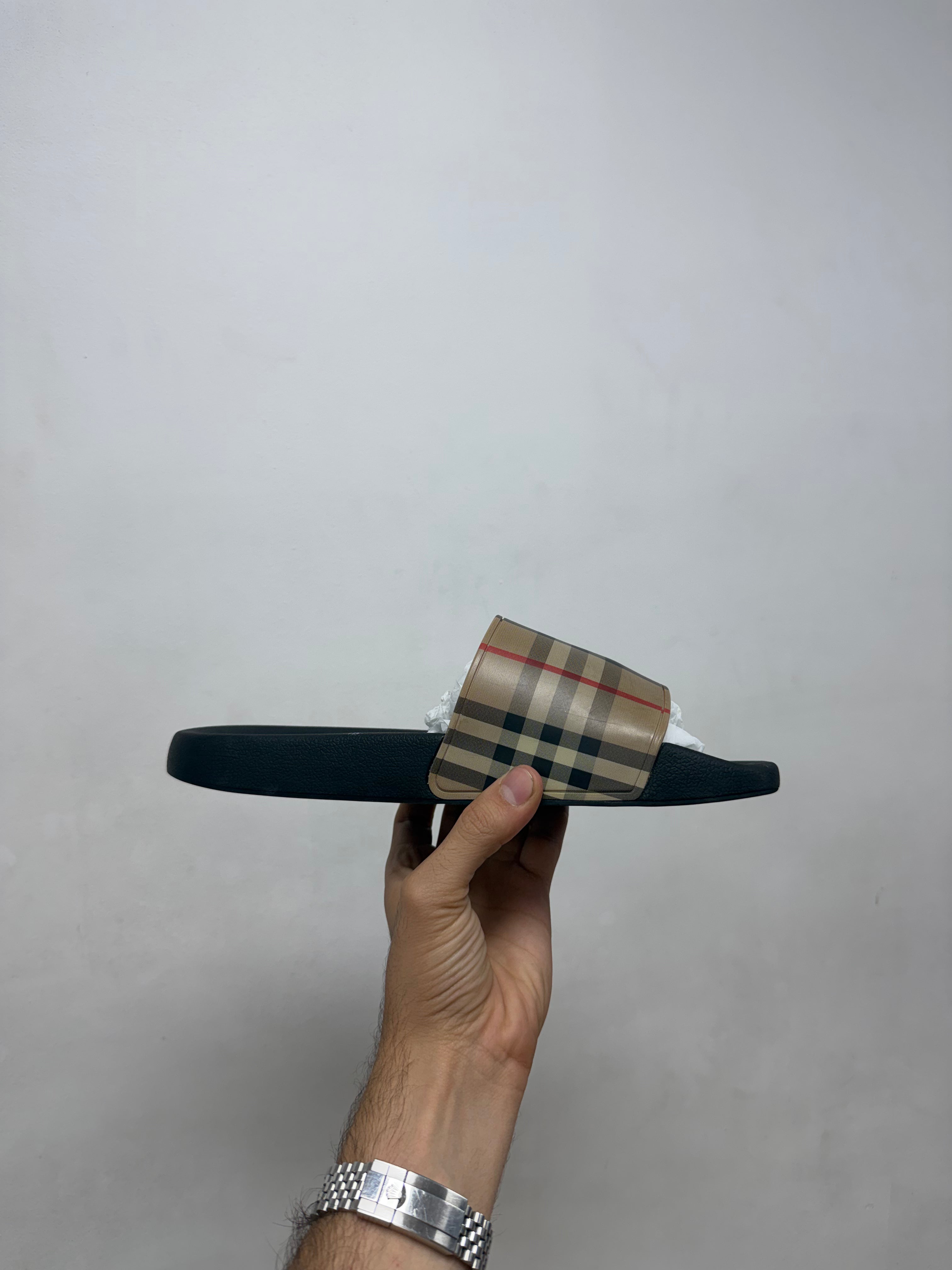 Burberry Plaid Monogram Slides