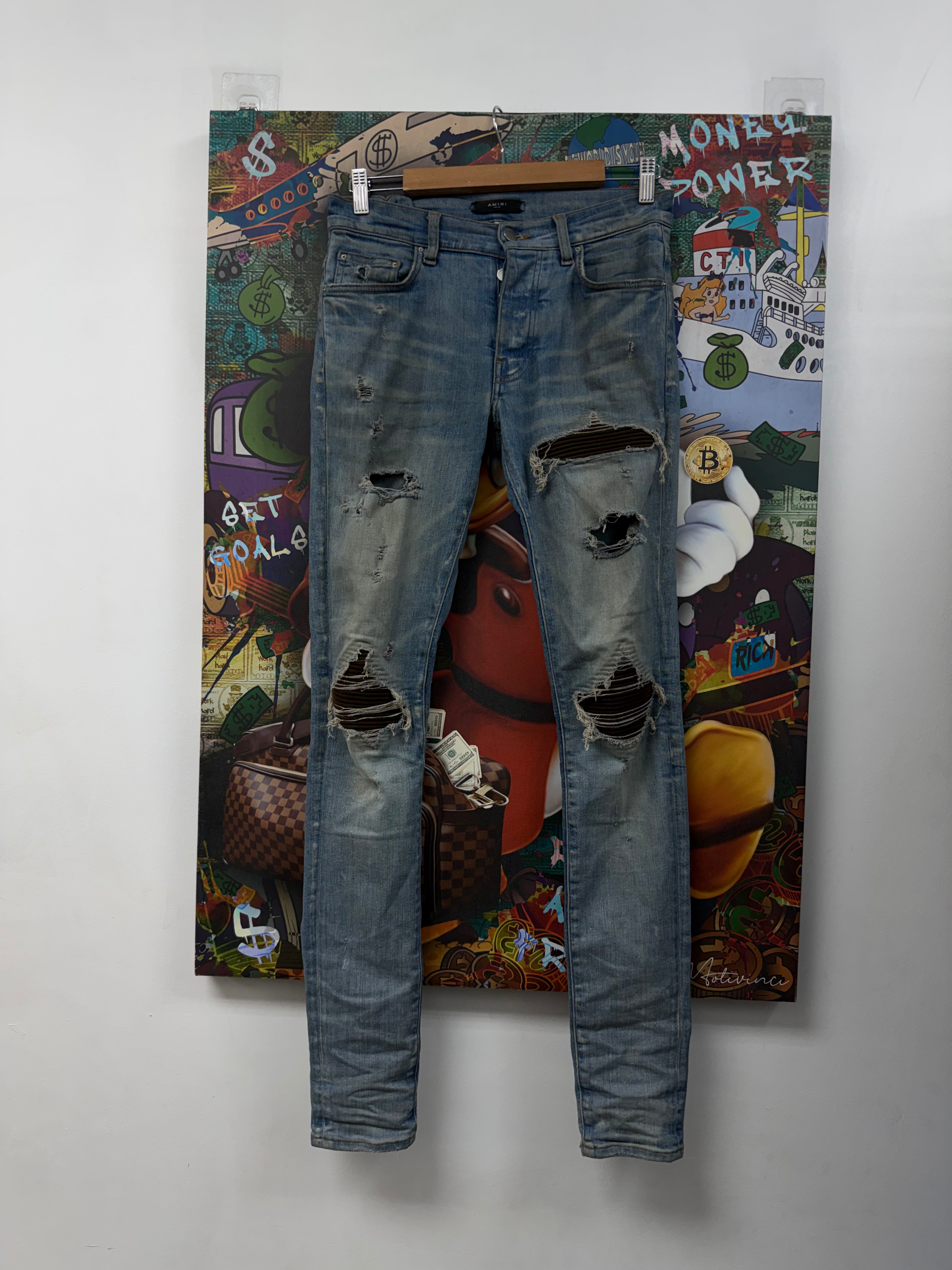 Amiri MX1 Light Wash Brown Ultra Suede Patch Jeans