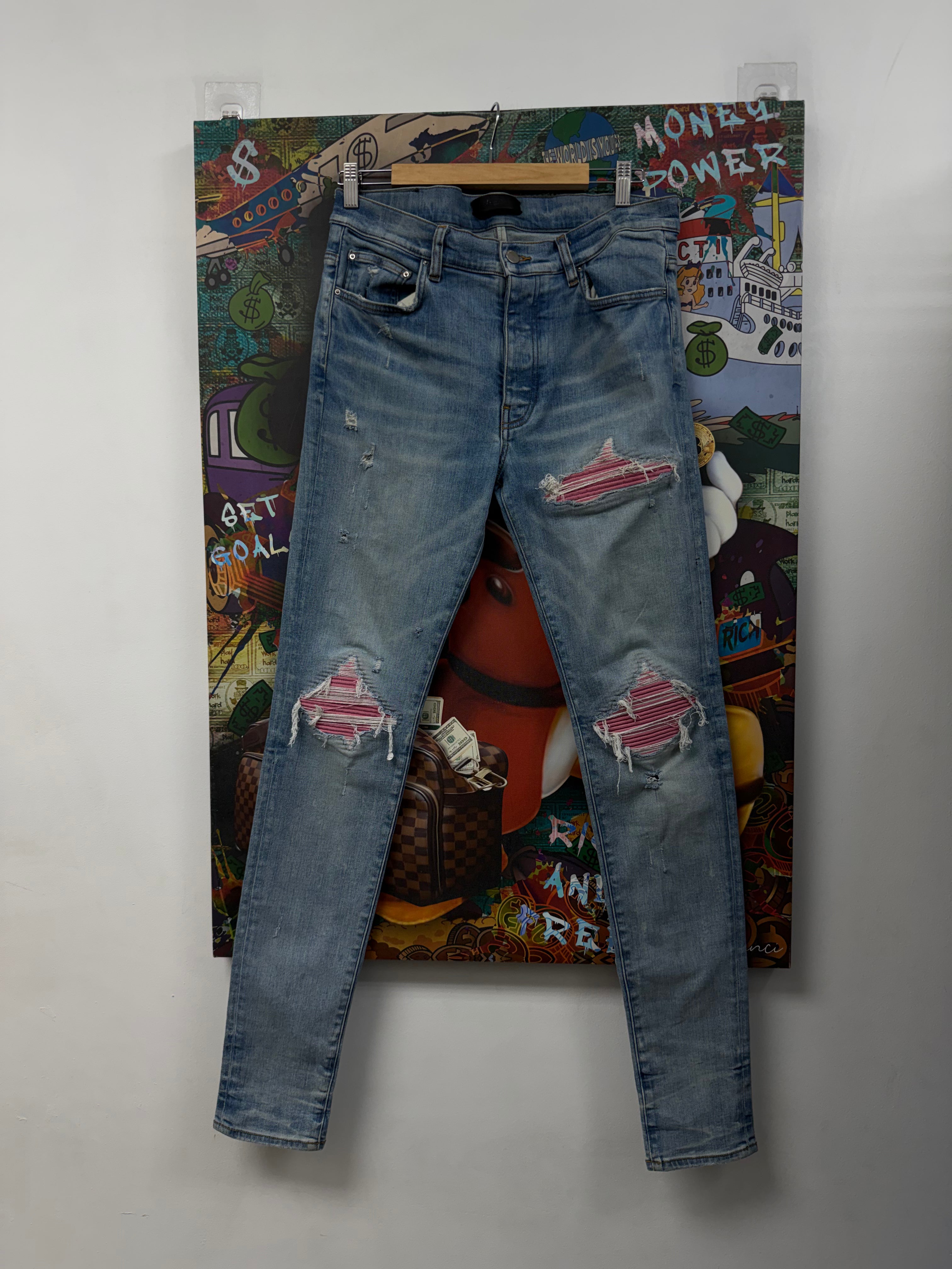 Amiri MX1 Light Wash Pink Ultra Suede Patch Jeans