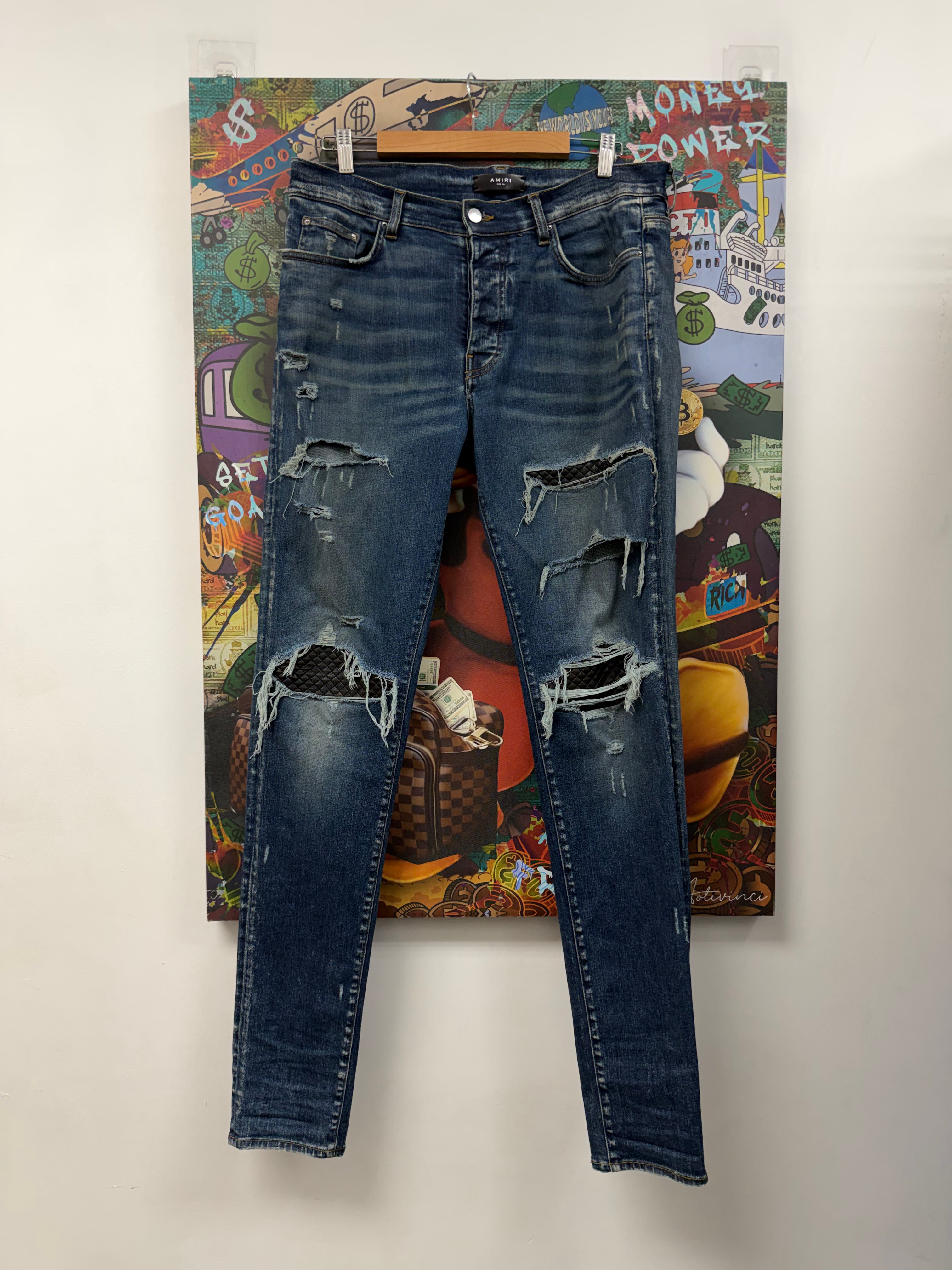 Amiri MX1 Navy Black Quilted Leather Patch Jeans
