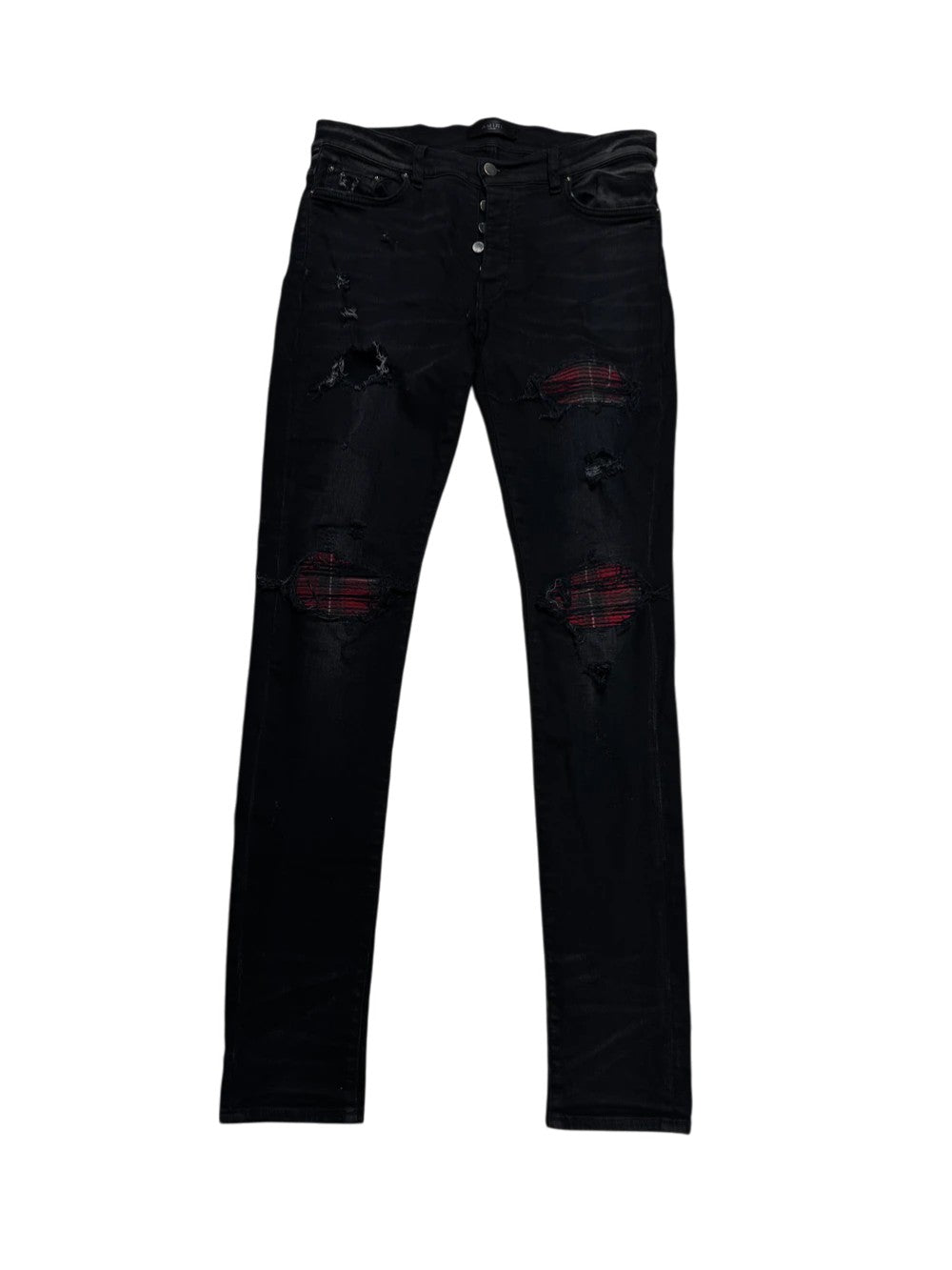 Amiri Plaid Patch MX1 Black Wash & Red Jeans
