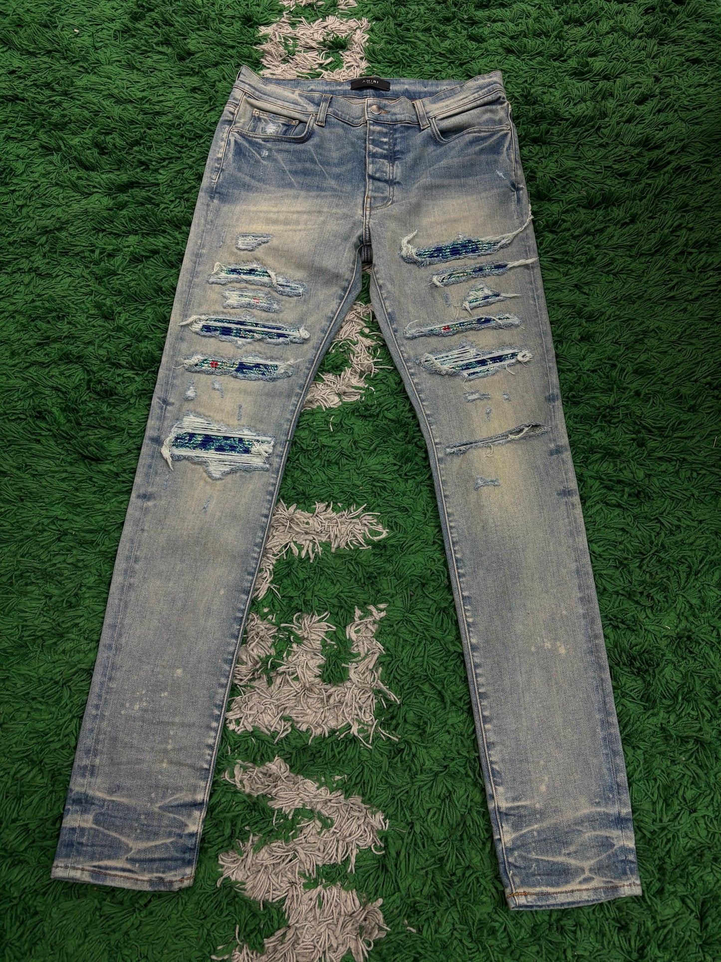 Amiri Jeans Thrasher Light Wash Blue Mint Paisley Patch Used 34