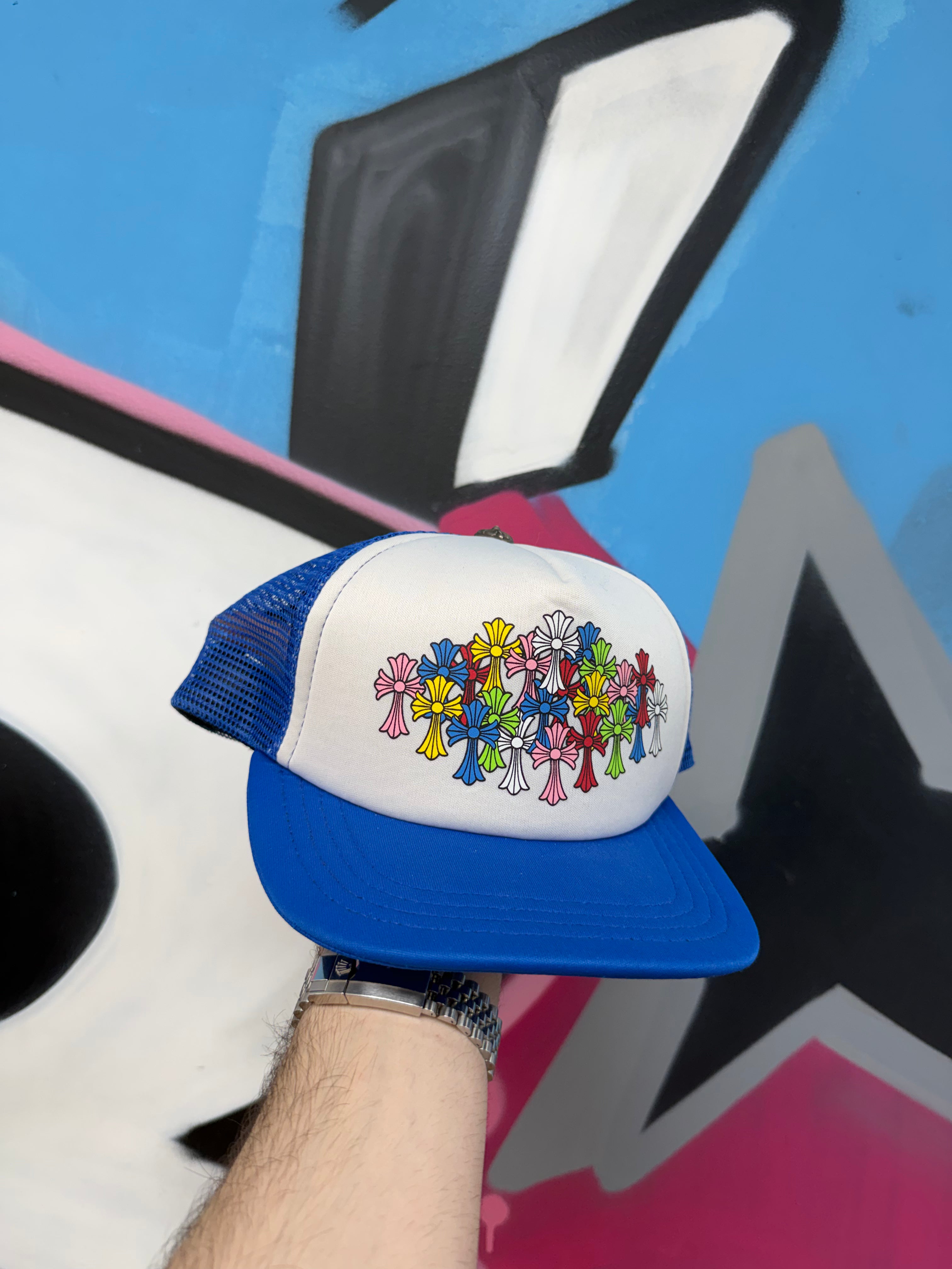 Chrome Hearts Blue White Multi Cross Trucker Cap