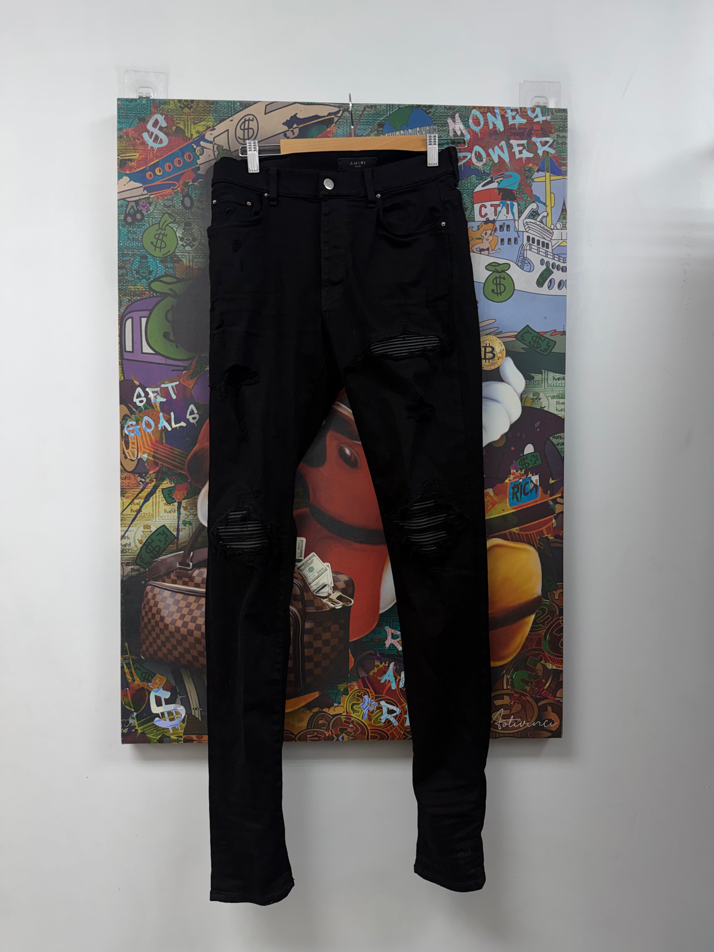 Amiri MX1 Black Black Leather Patch Jeans