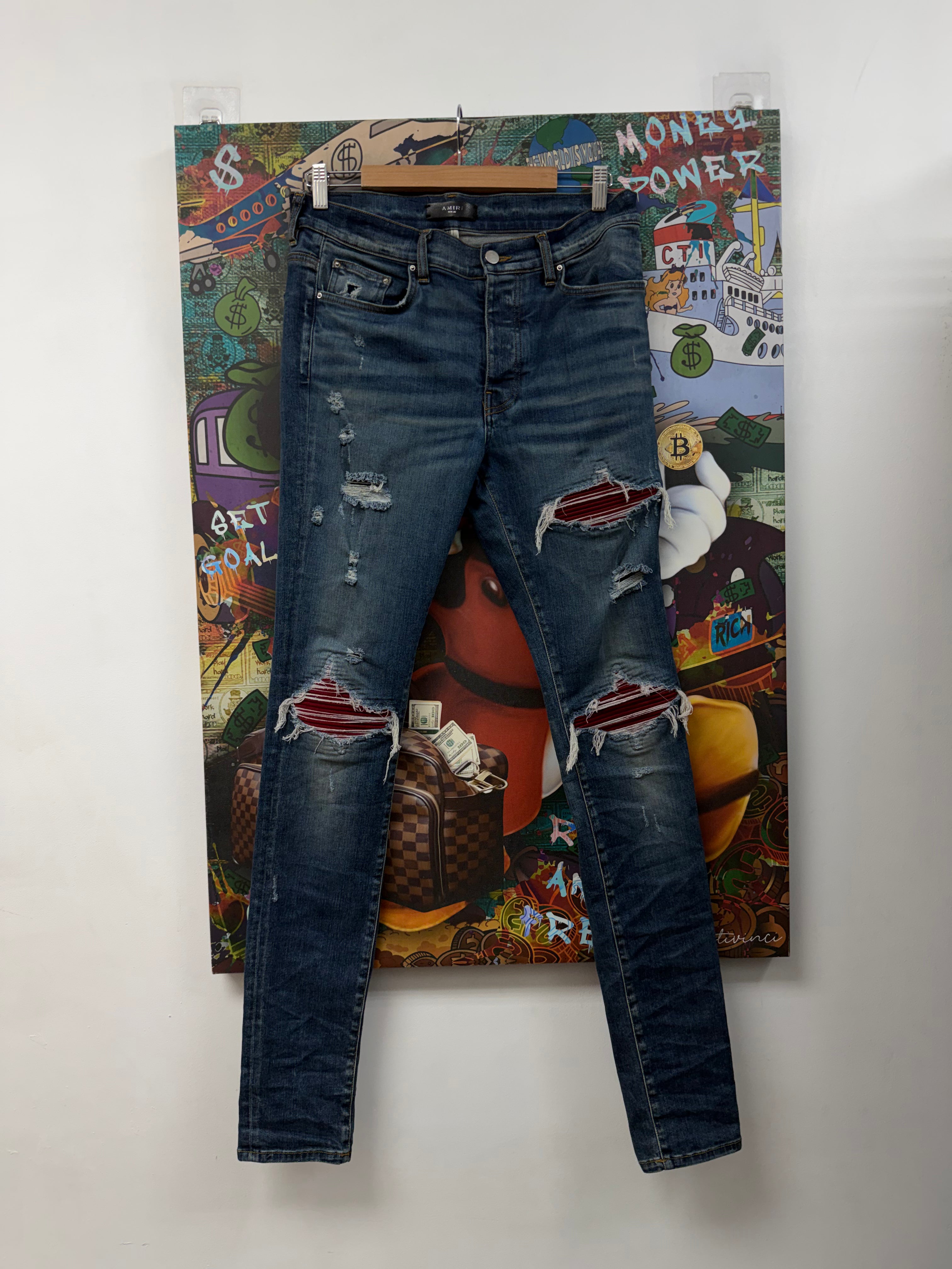 Amiri MX1 Navy Maroon Suede Patch Jeans