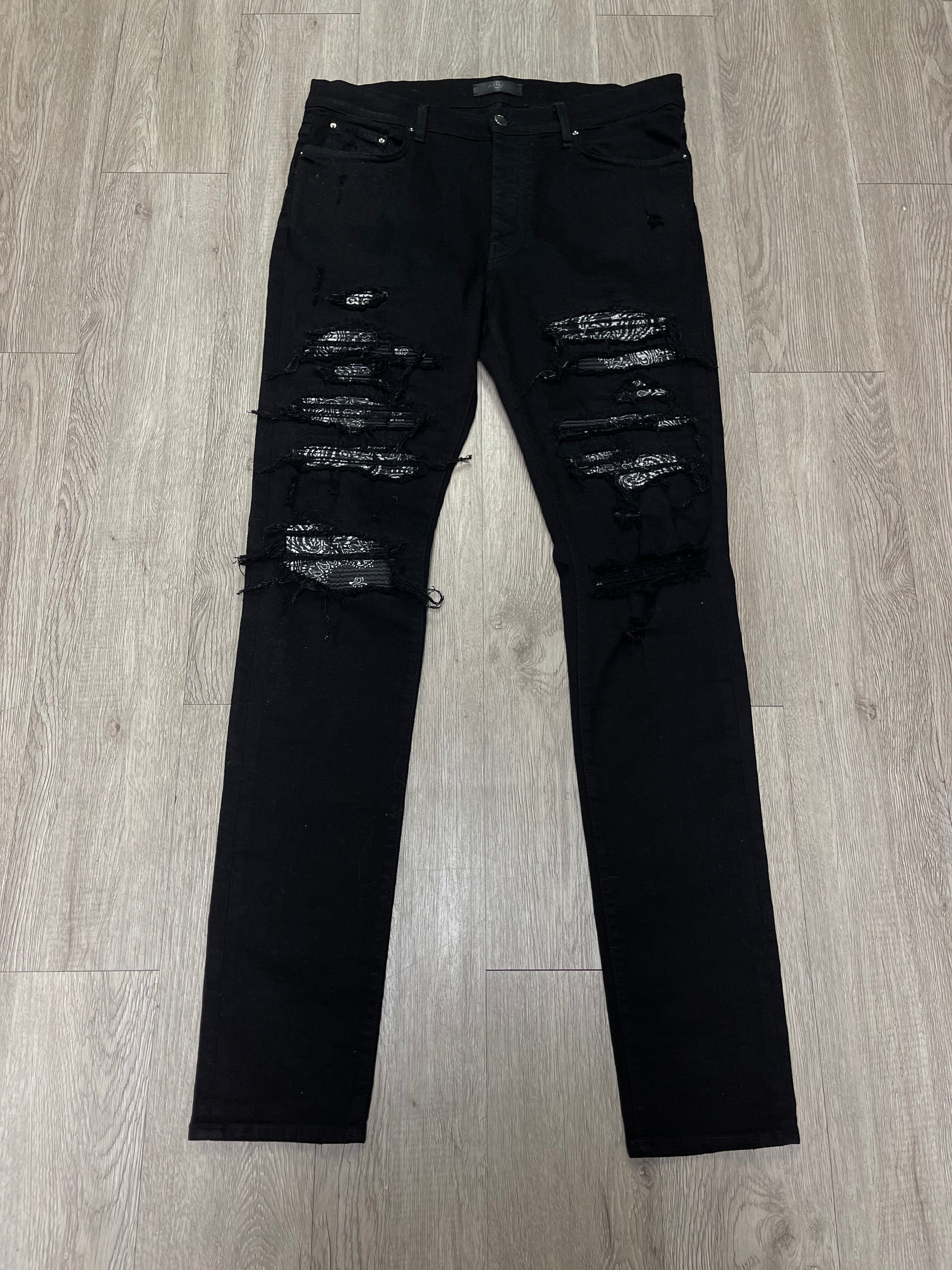 Amiri Black Paisley Thrasher Patch Jeans