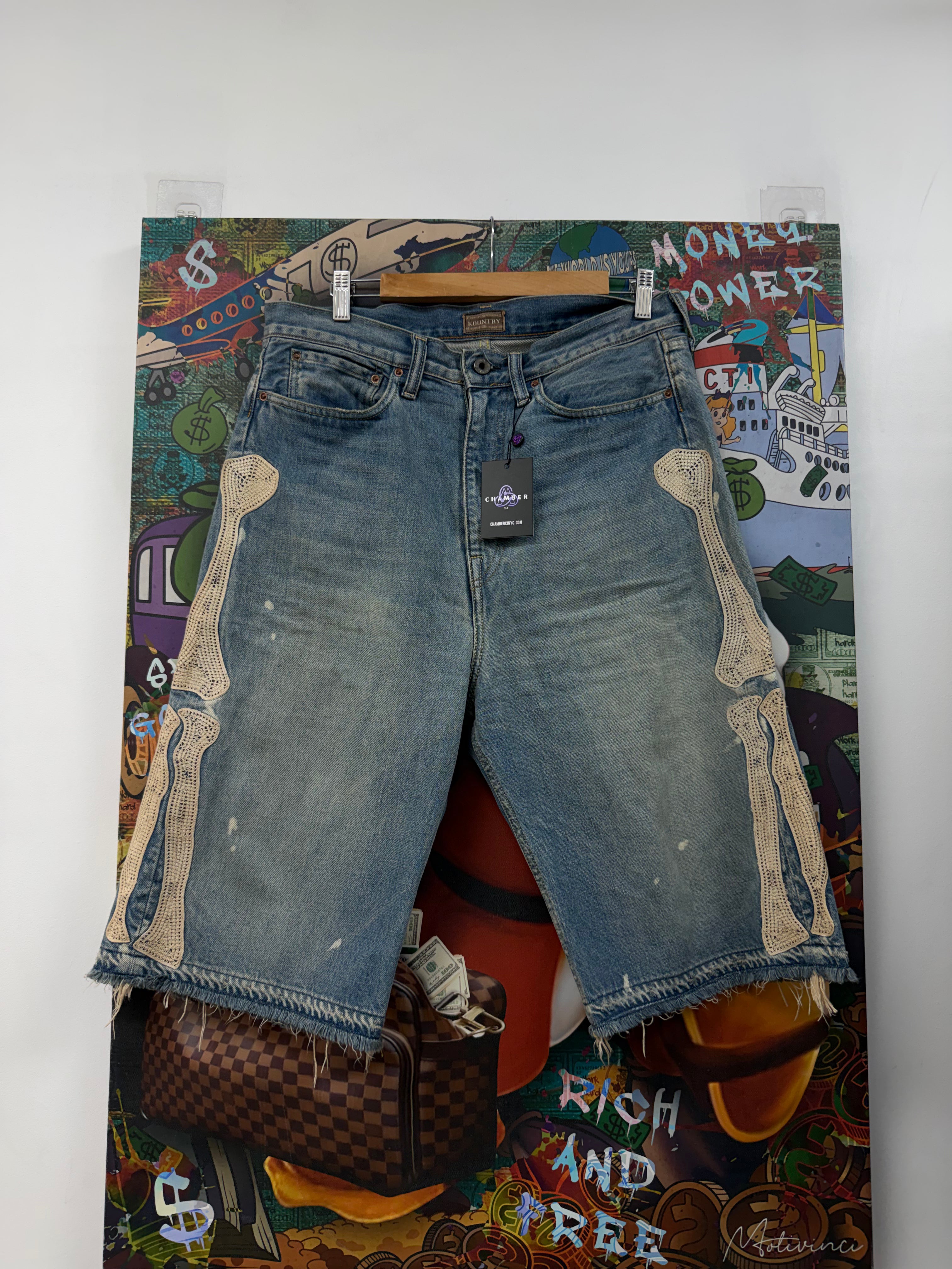 Kapital Light Wash Bone Denim Shorts
