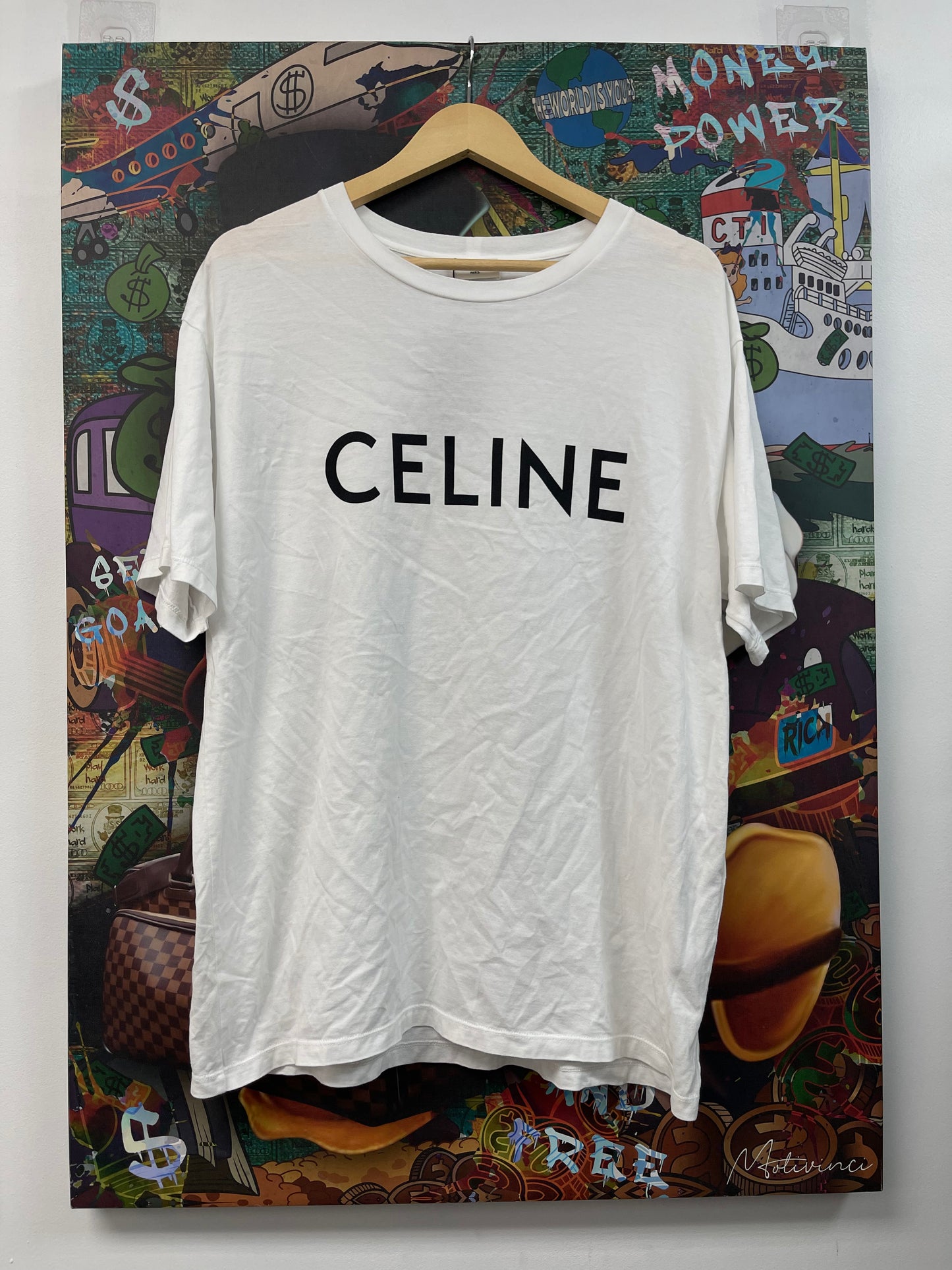 Celine White Black Spellout Logo Tee