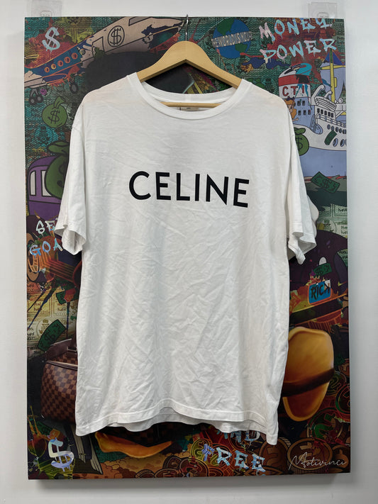 Celine White Black Spellout Logo Tee