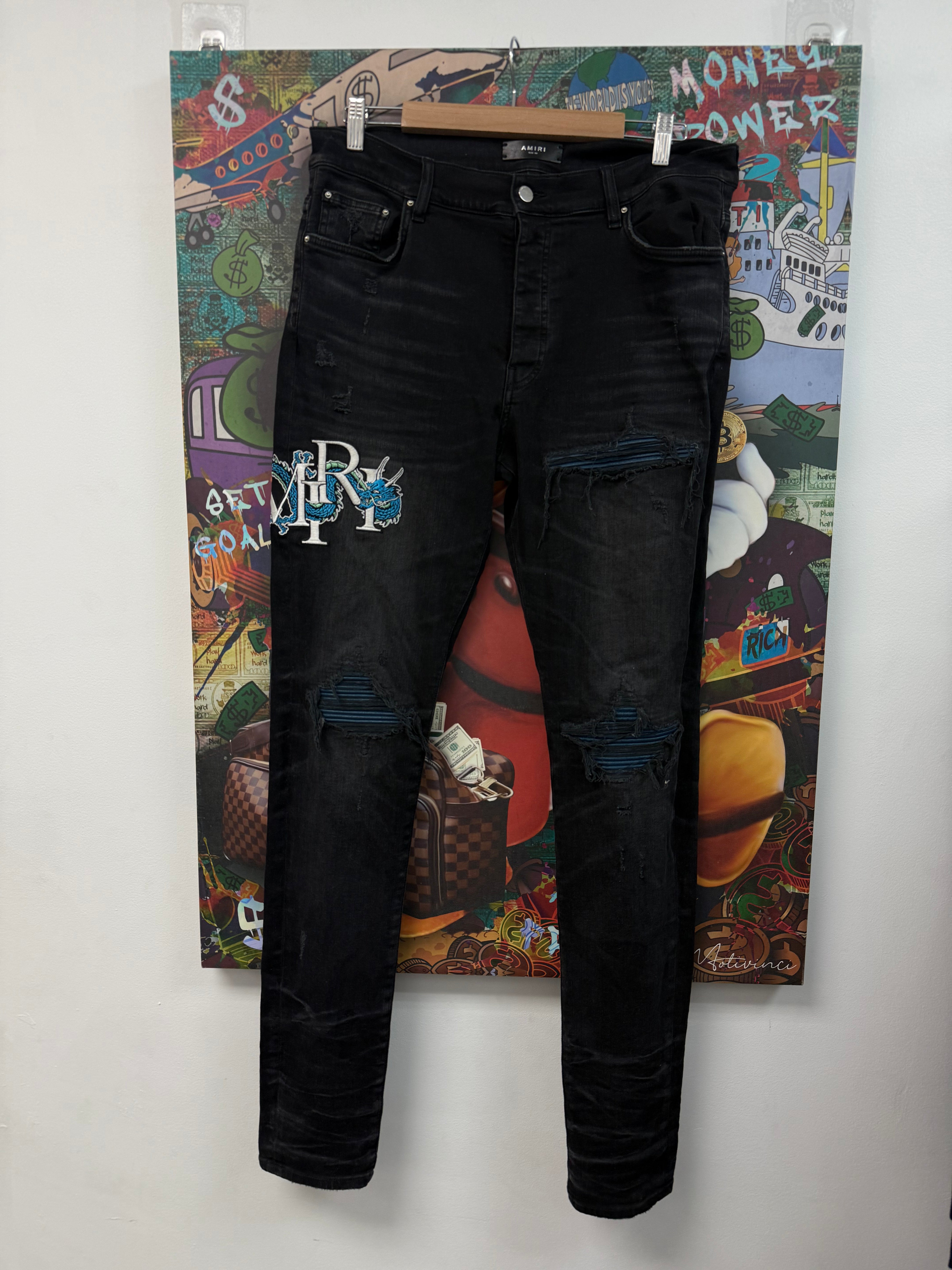 Amiri Black Wash Dragon Patch Jeans