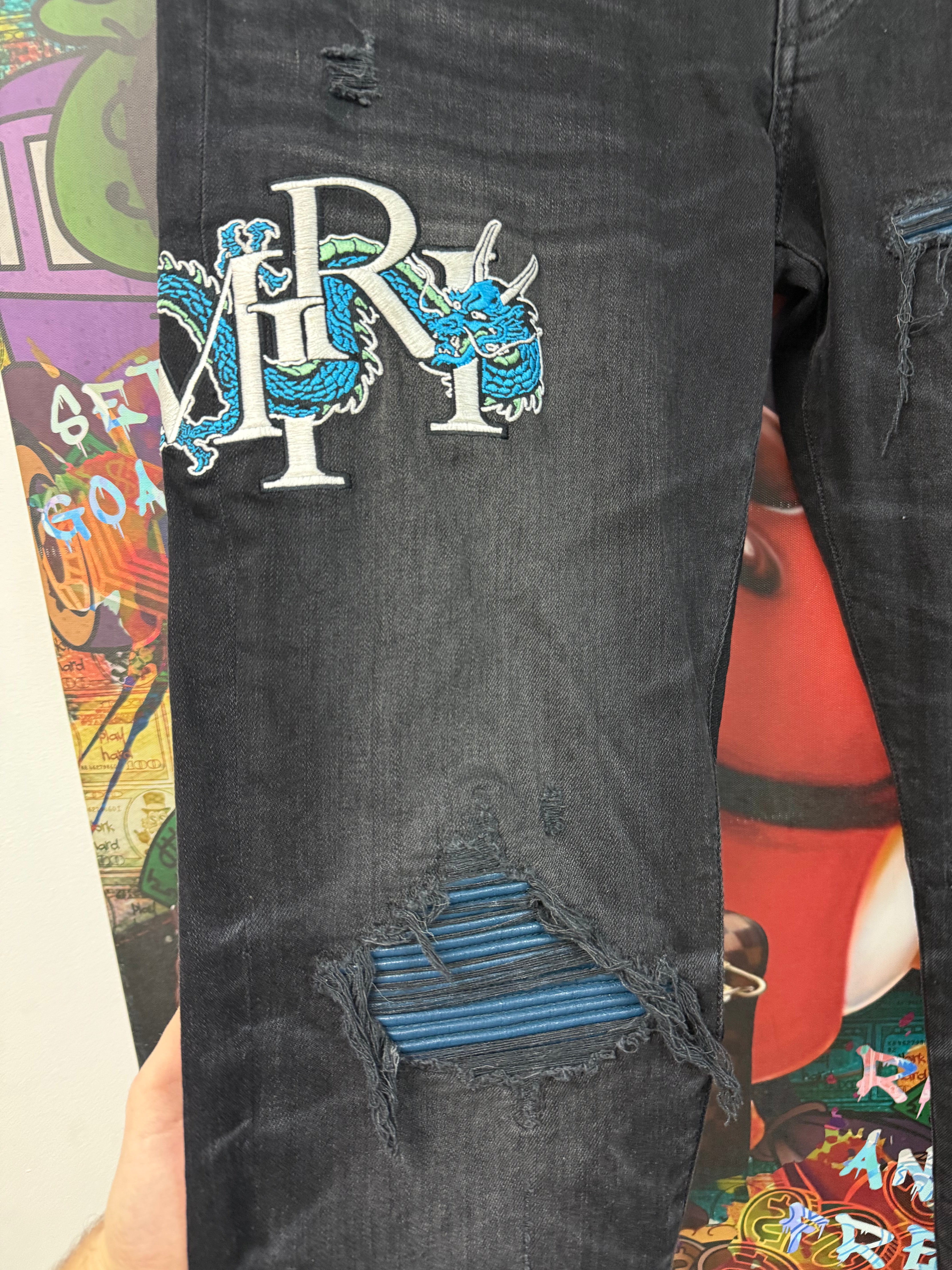 Amiri Black Wash Dragon Patch Jeans