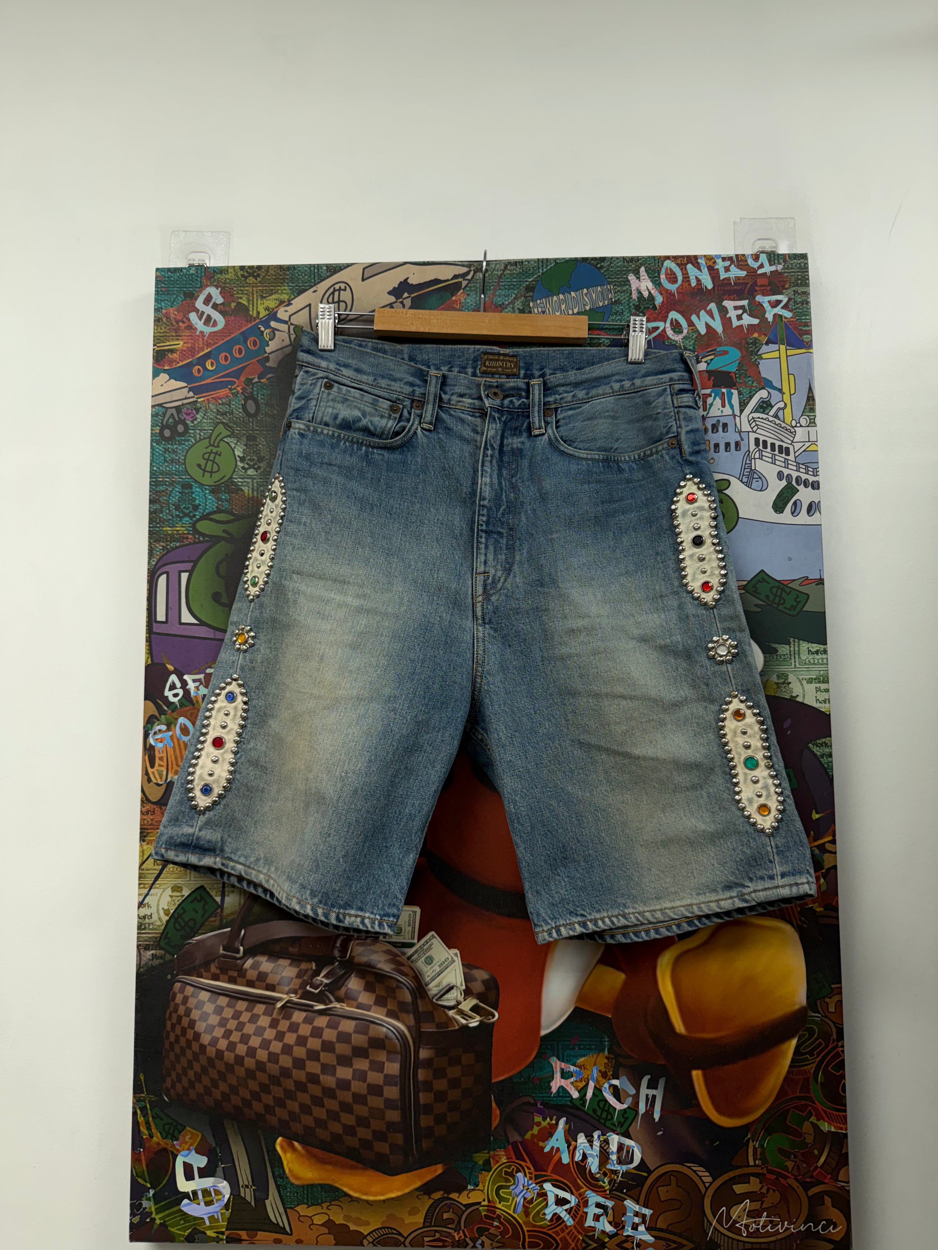 Kapital Light Wash Gem Studded Shorts