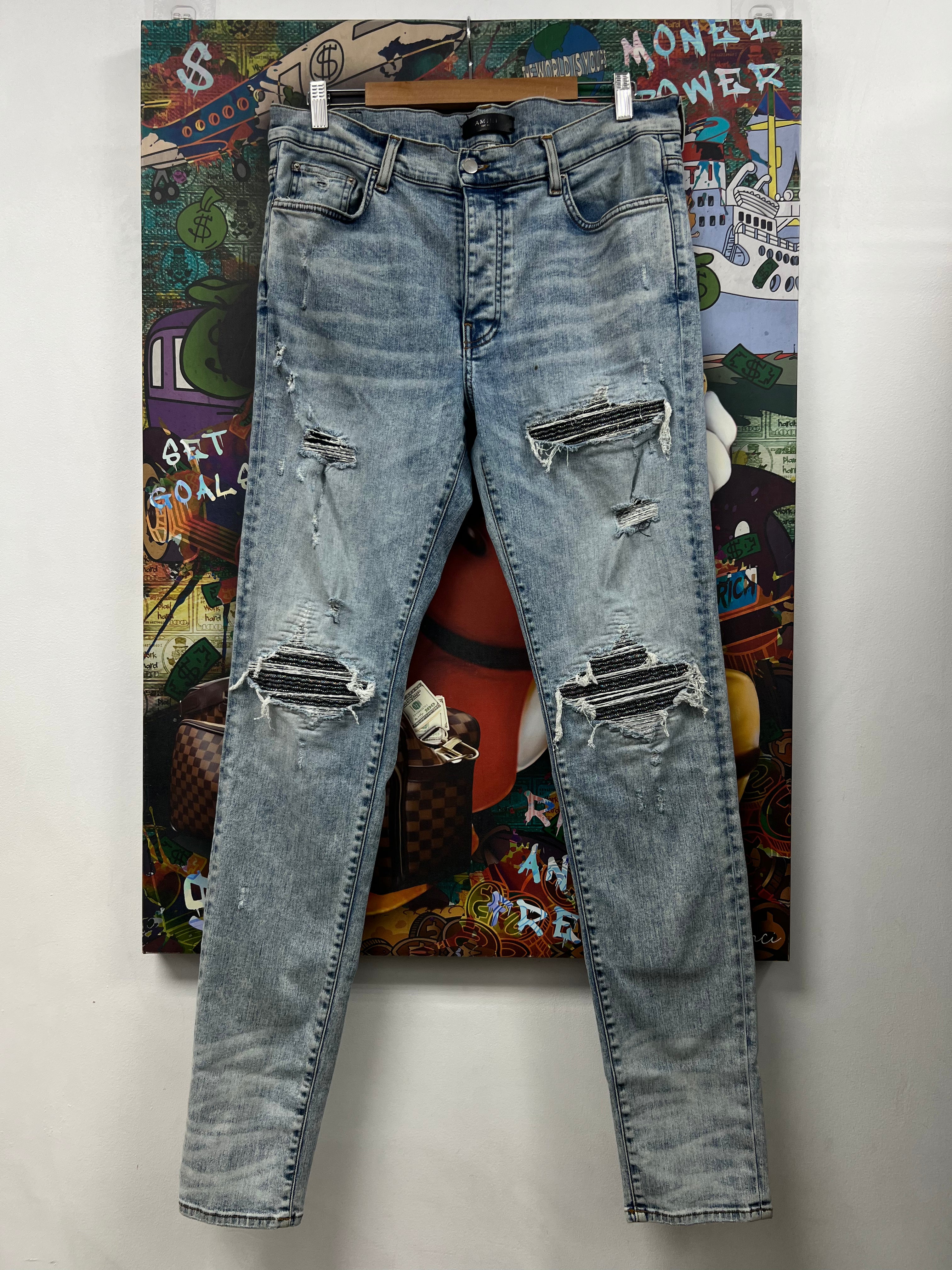 Amiri MX1 Light Wash Iridescent Patch Jeans