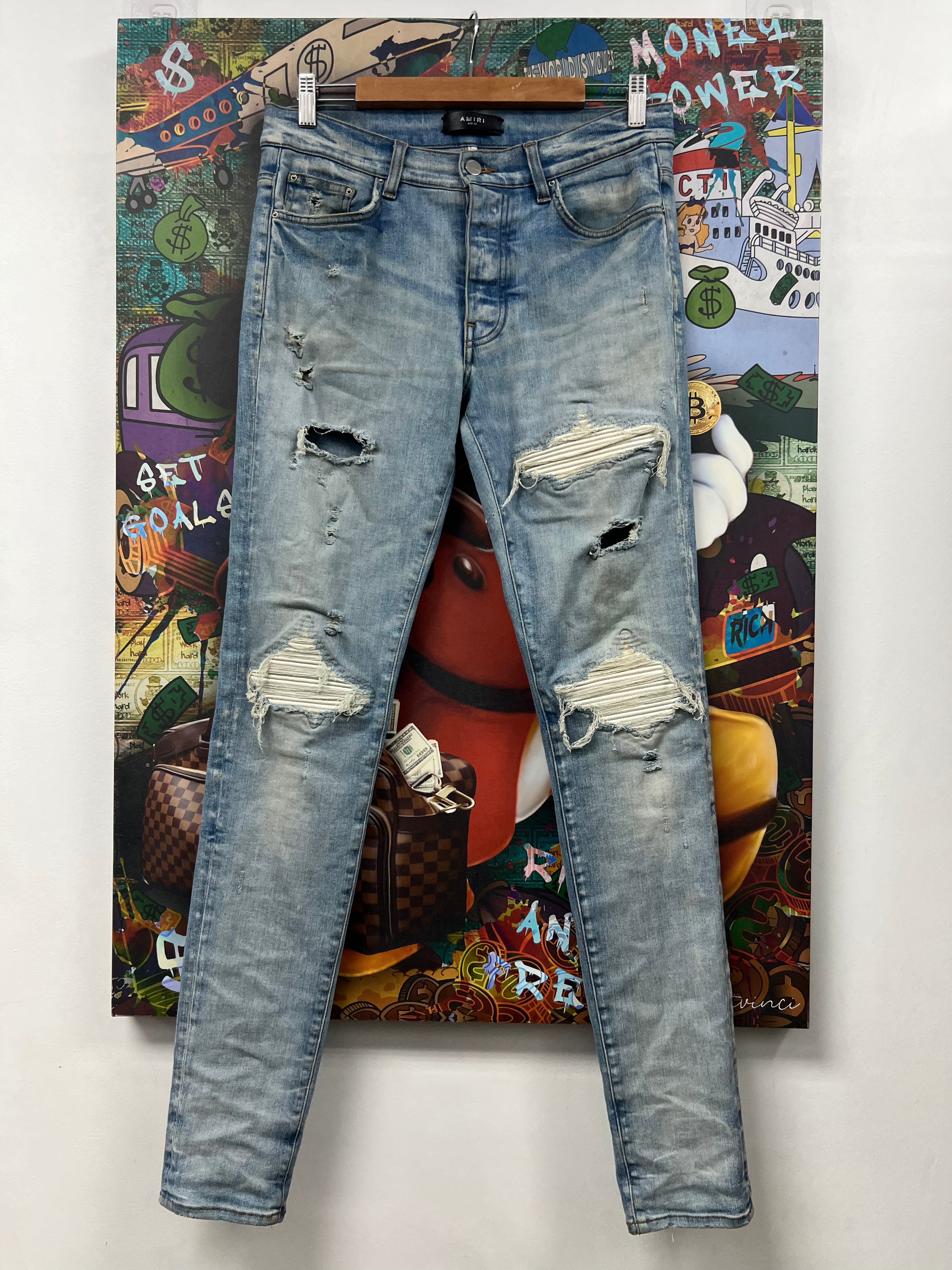Amiri MX1 Light Wash White Leather Patch Jeans