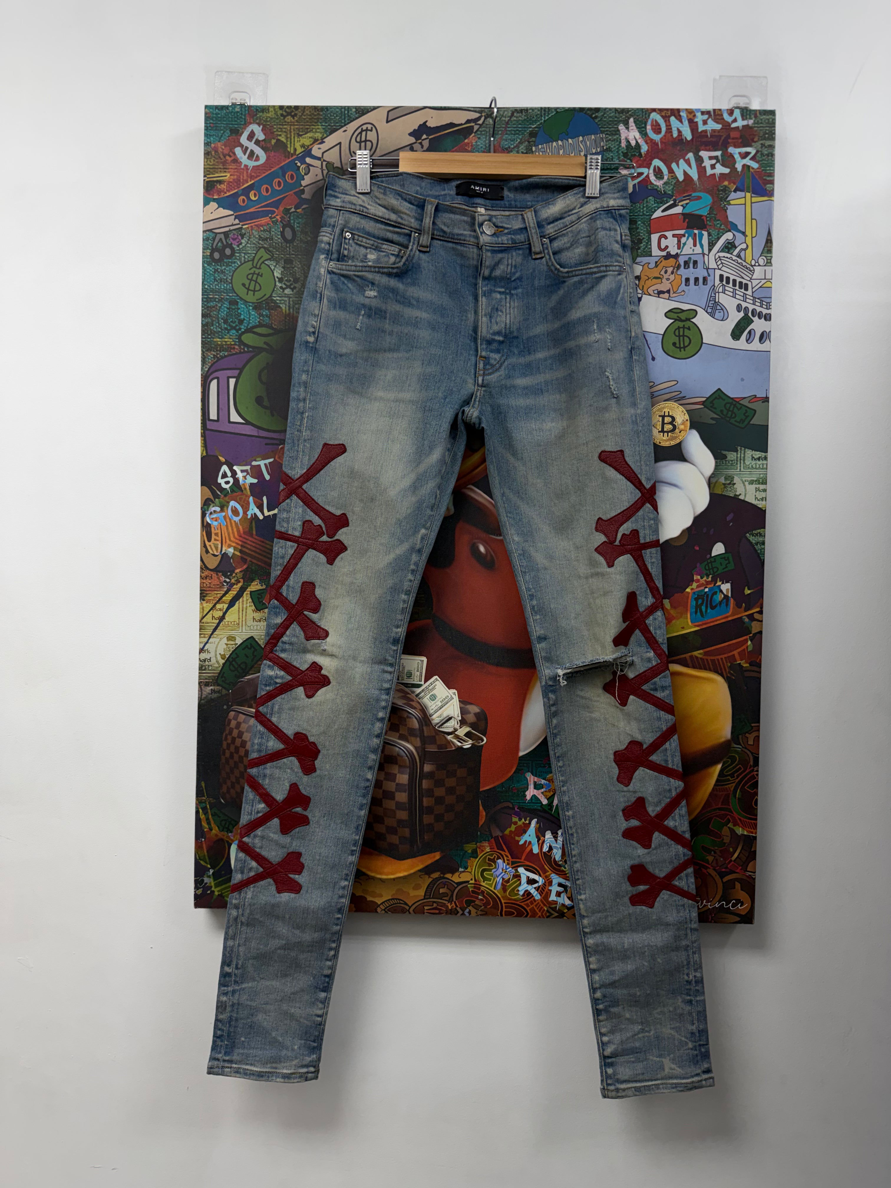 Amiri Light Wash Red Leather Bones Jeans