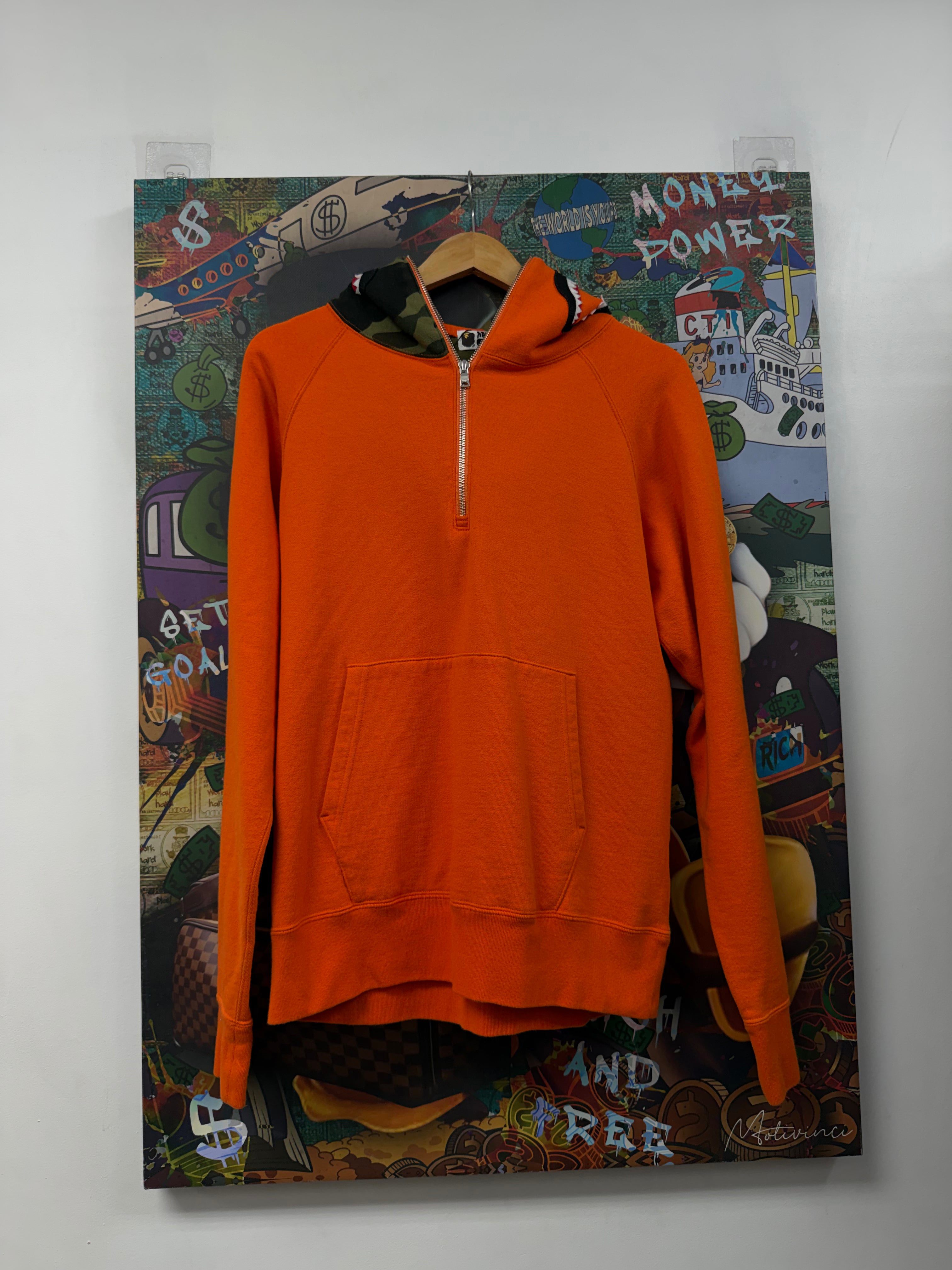 BAPE Orange Camo Shark Quarter Zip Up Hoodie