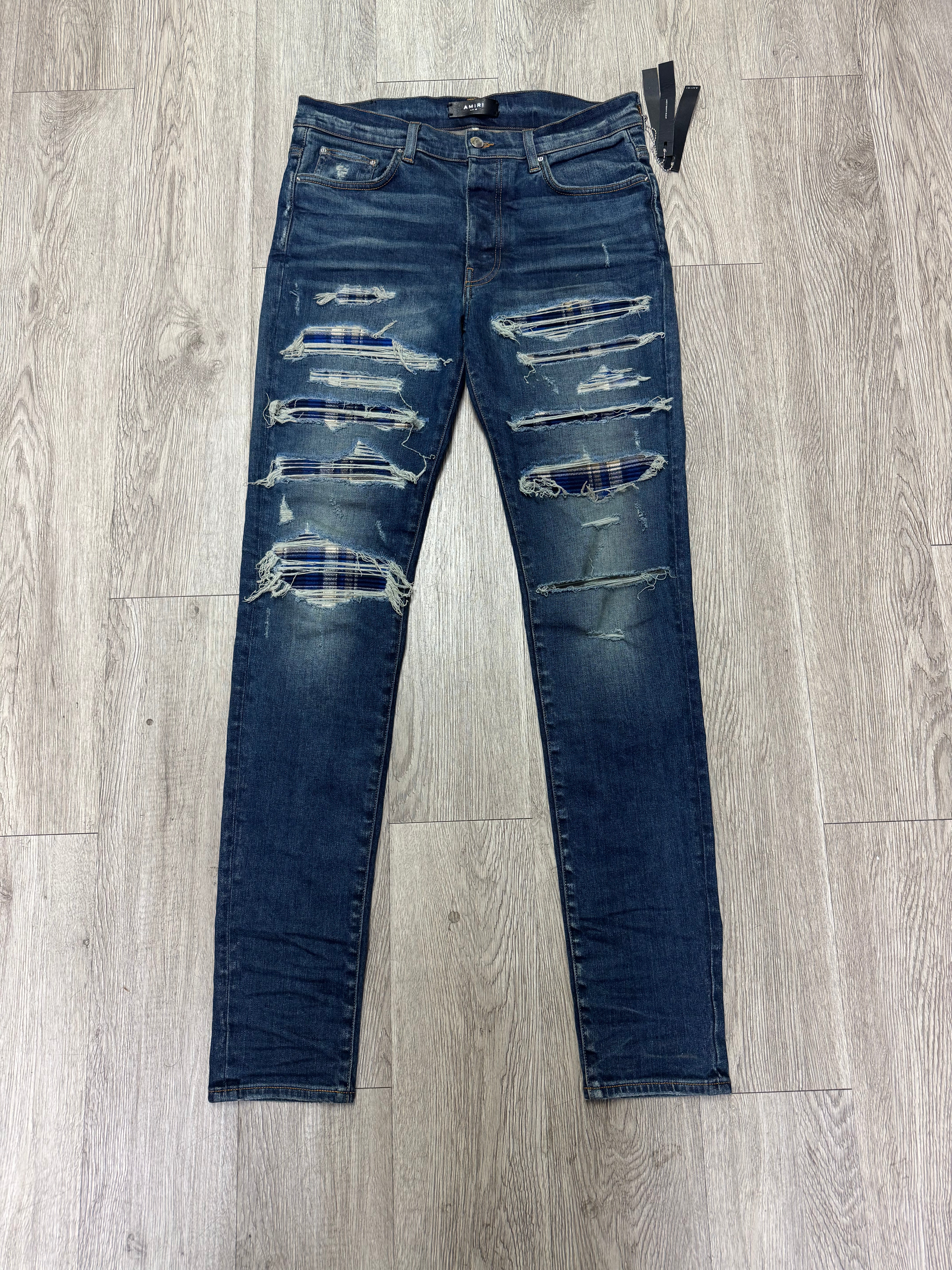 Amiri Dark Wash Blue Plaid Patch Jeans