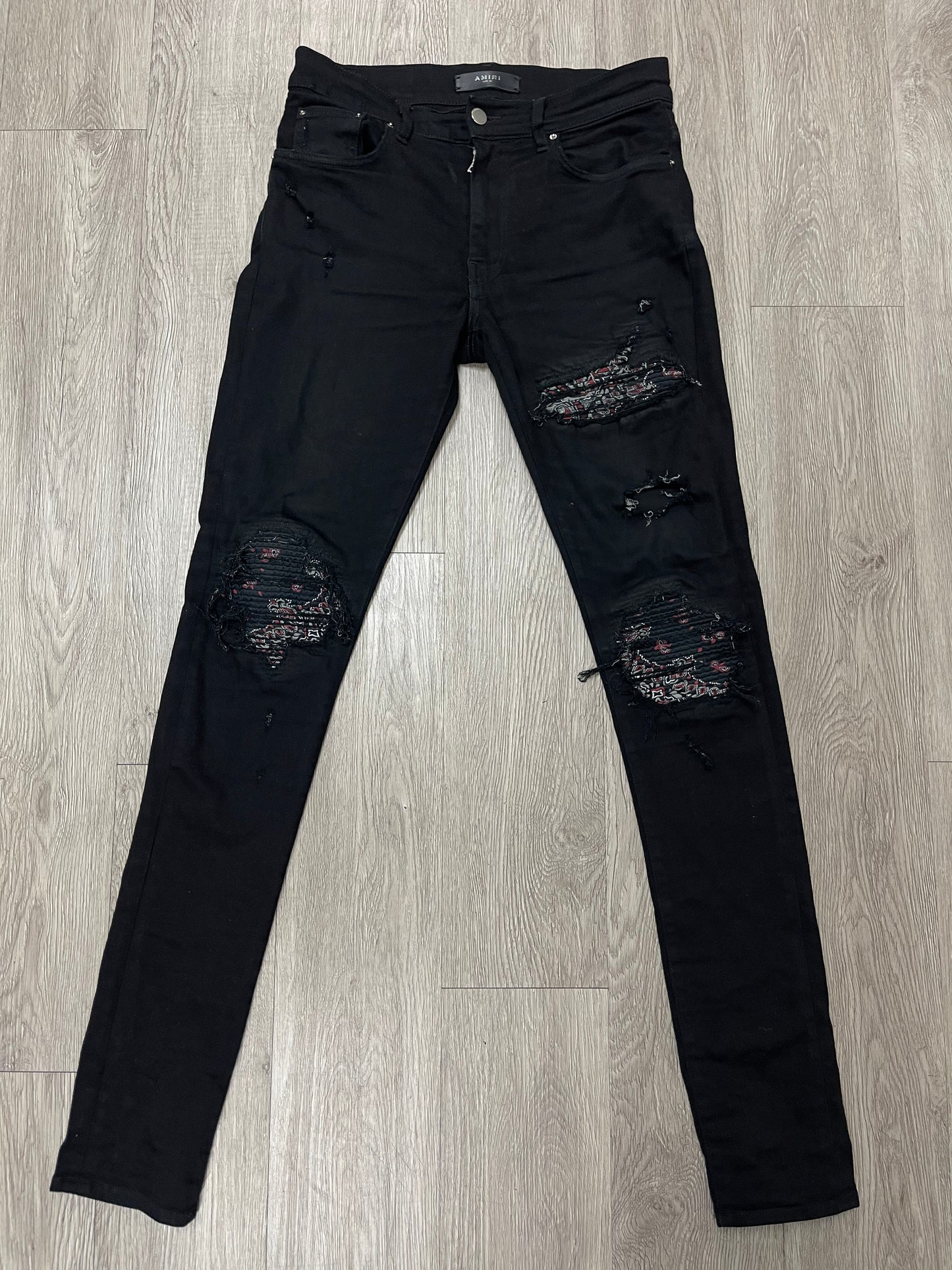 Amiri Black Red Paisley Patch Jeans