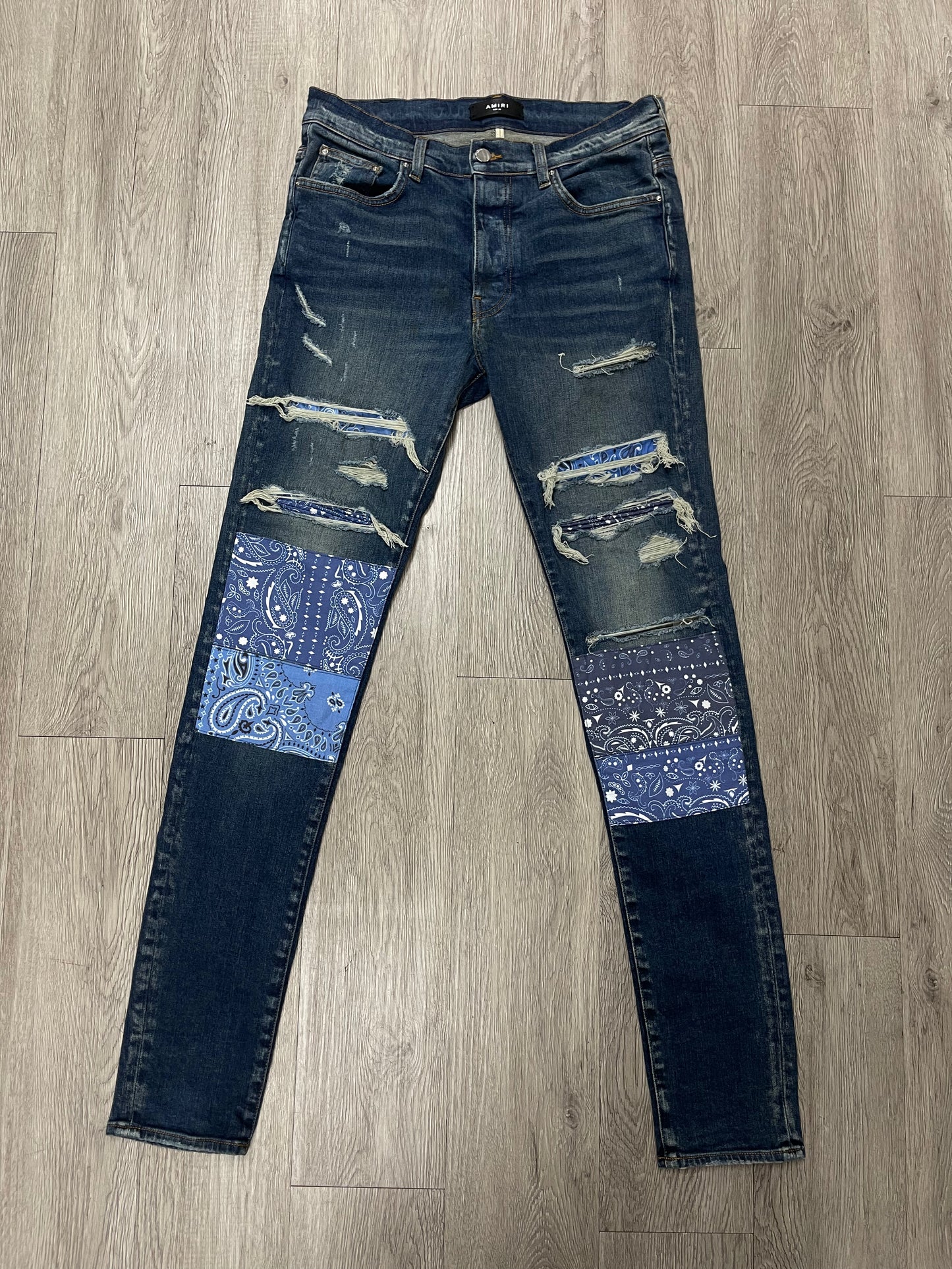 Amiri Dark Wash Blue Paisley Patchwork Jeans