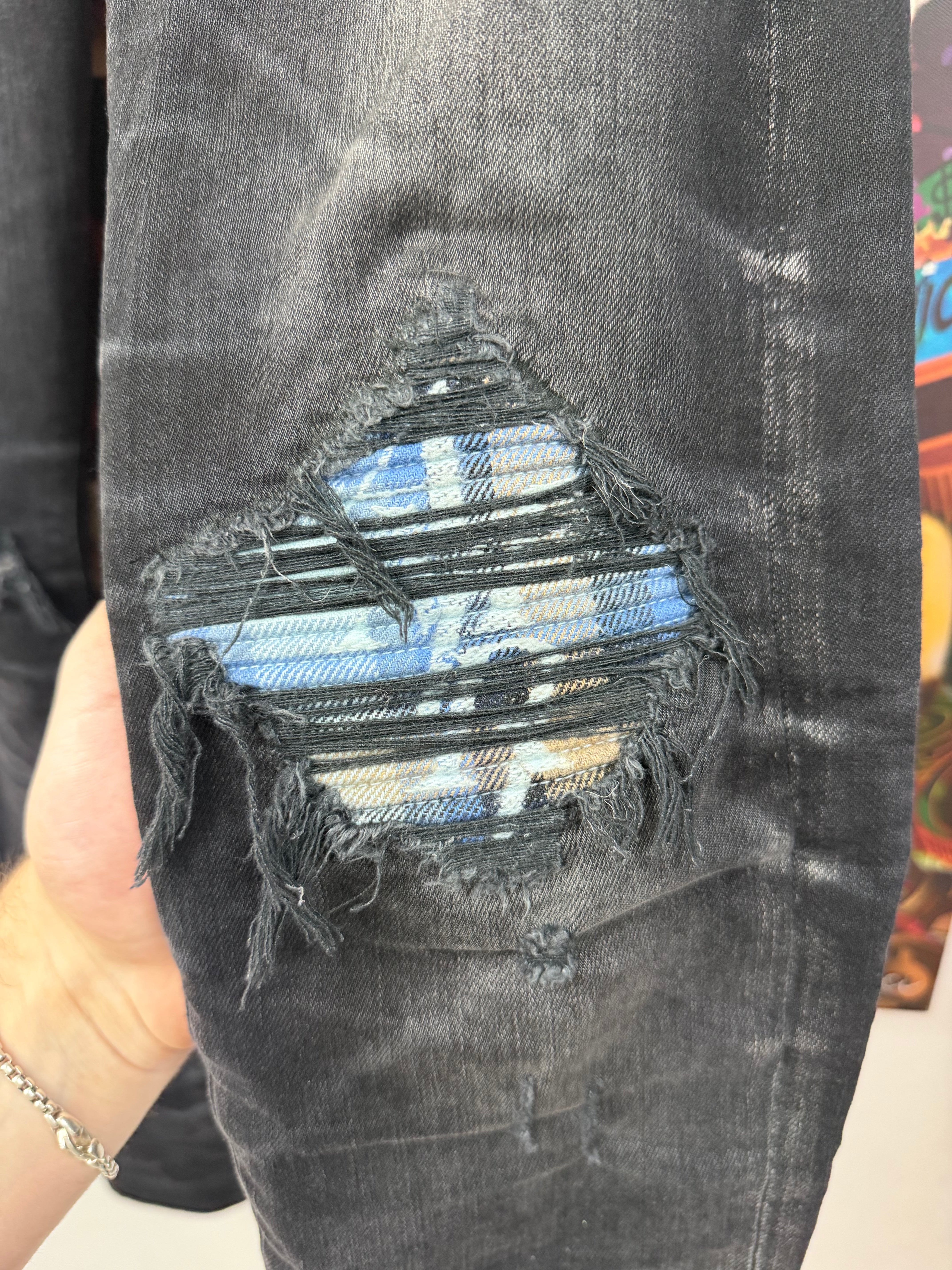 Amiri MX1 Black Wash Blue Plaid Patch Jeans